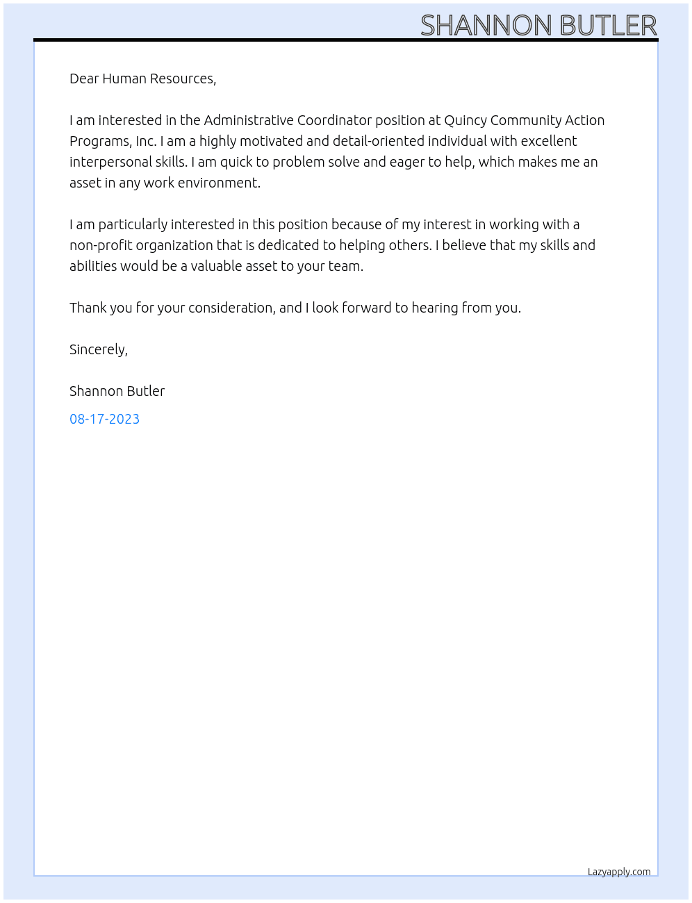 Administrative Coordinator  At Quincy Community Action Programs, Inc. Cover Letter