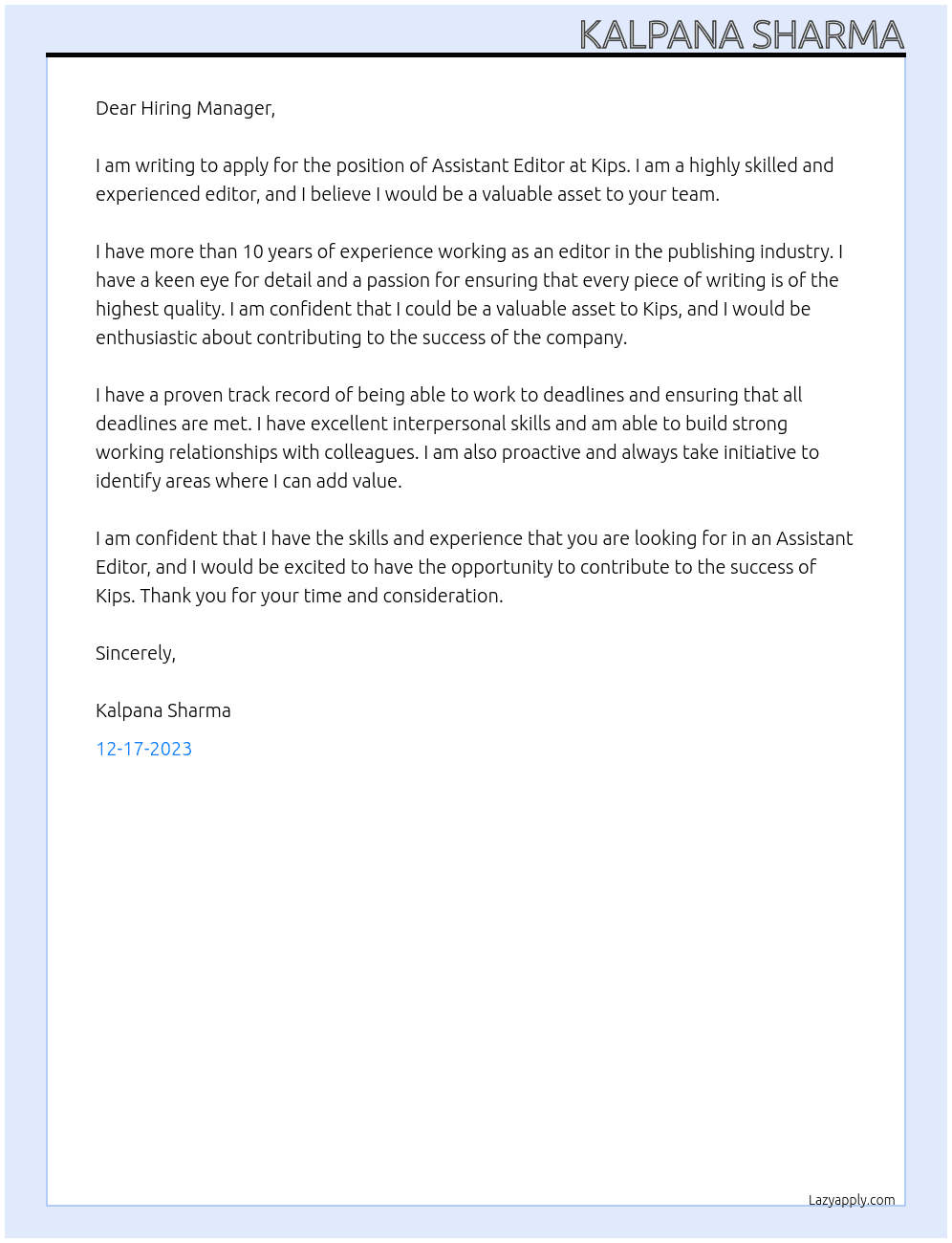 Assistant Editor At Kips Cover Letter