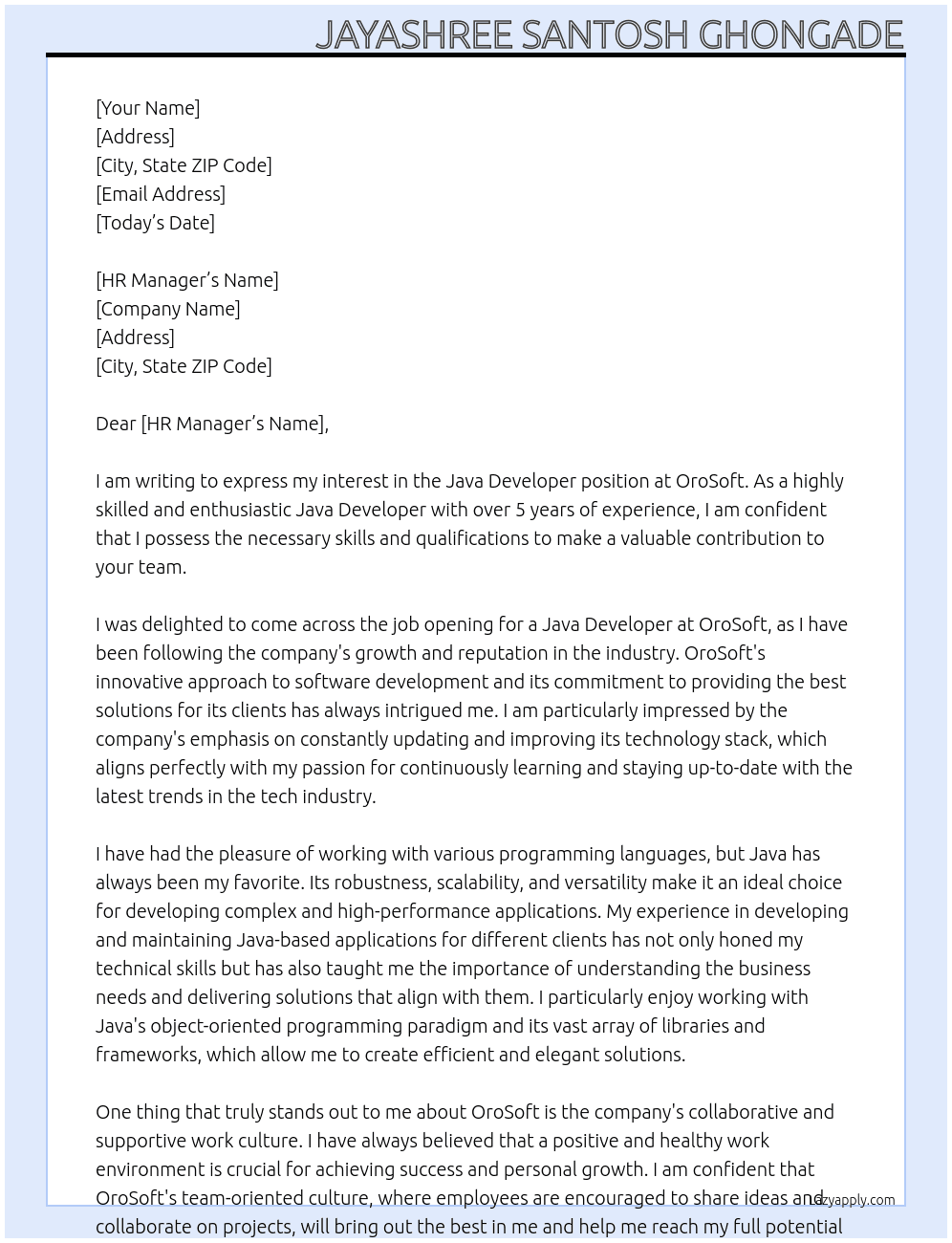 Java Developer At OroSoft Cover Letter
