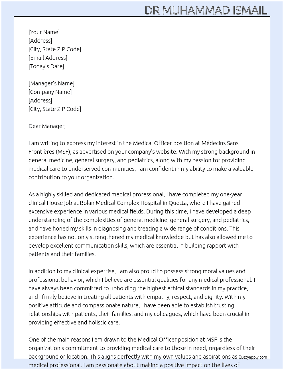 Medical Officer  At Médecins Sans Frontières (MSF) Cover Letter