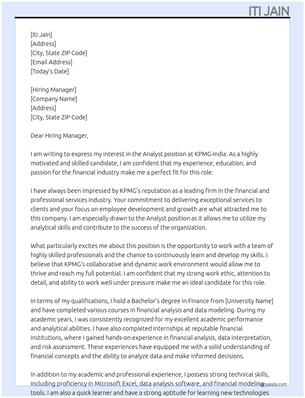 Analyst At KPMG-India Cover Letter