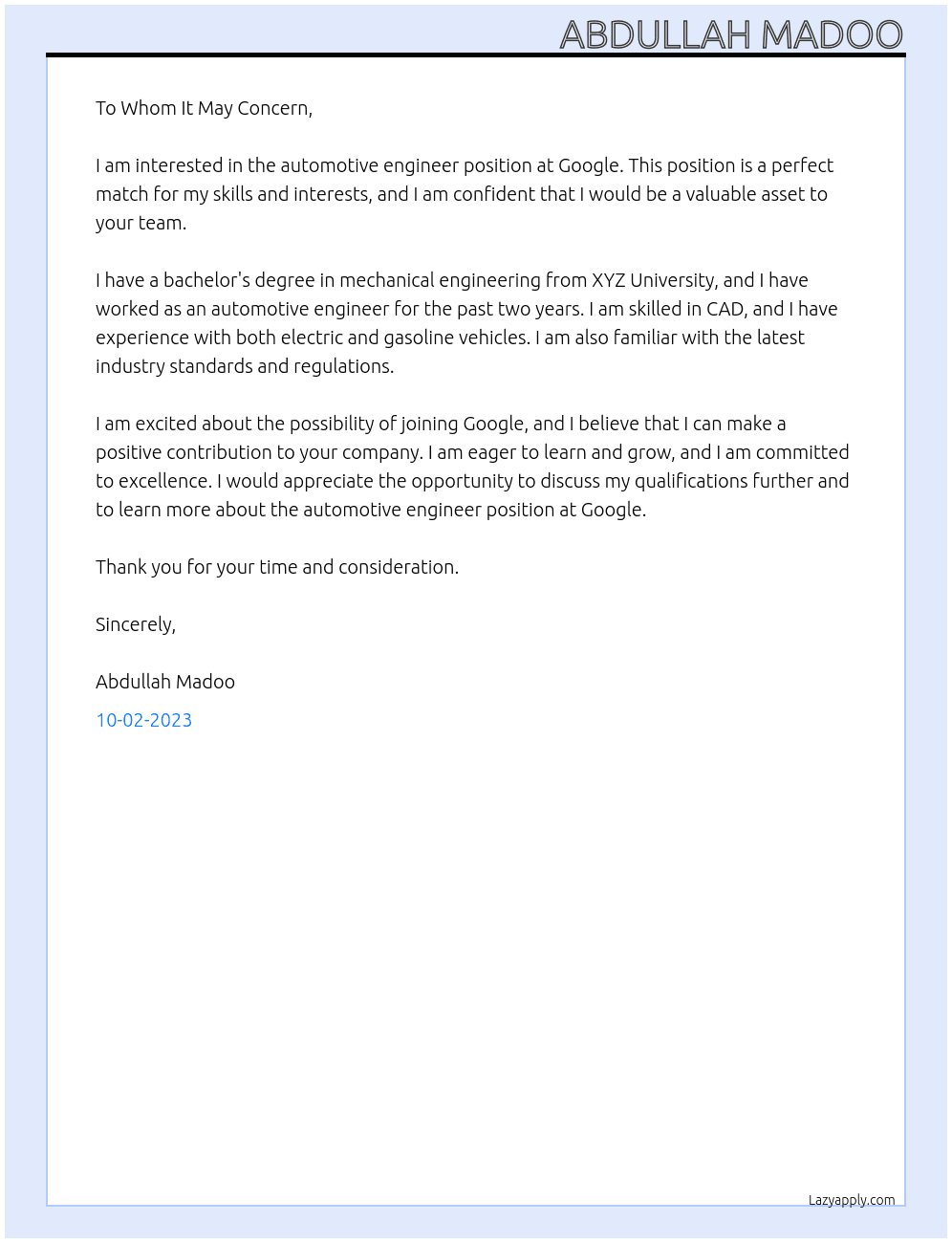 Automotive engineer At Ex. Google  Cover Letter