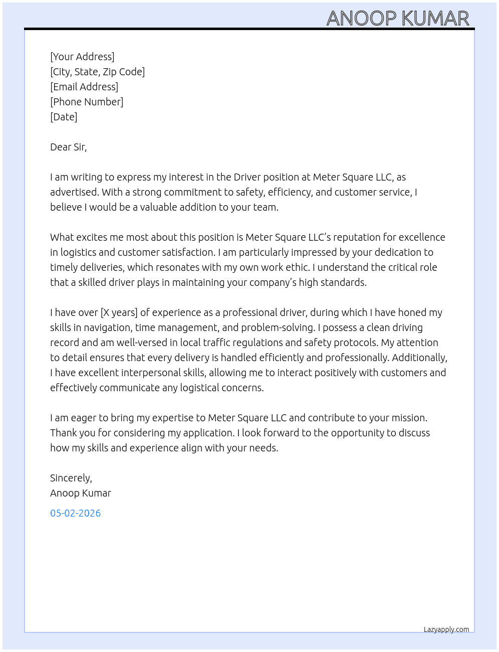 Driver  At Meter square llc Cover Letter