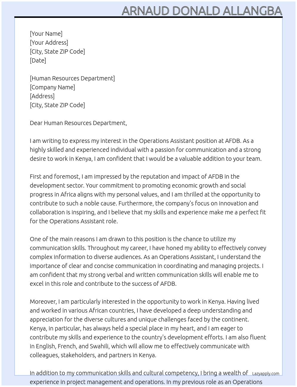 Operations Assistant  At AFDB Cover Letter