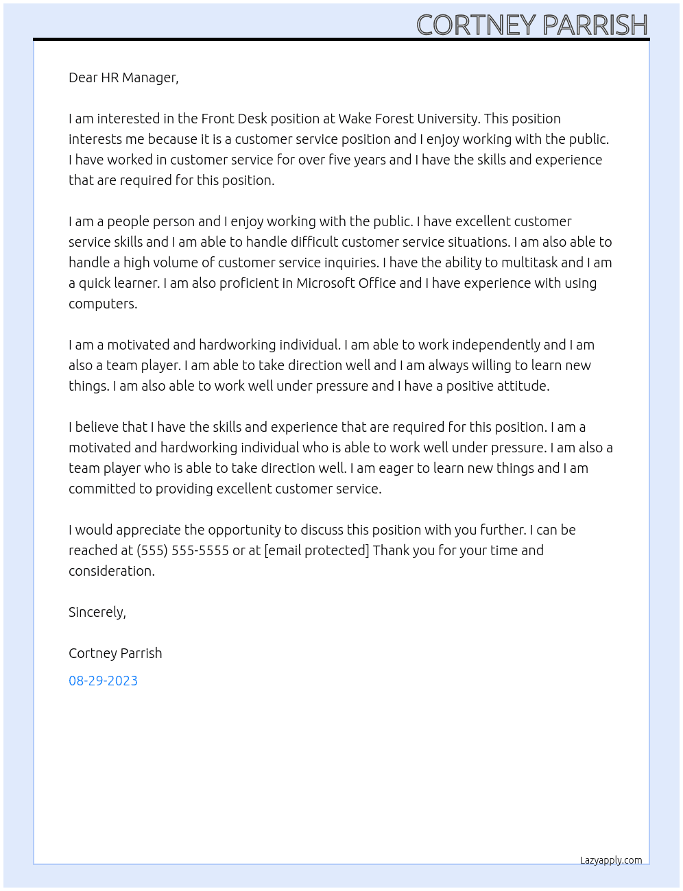 Front Desk At Wake Forest University  Cover Letter