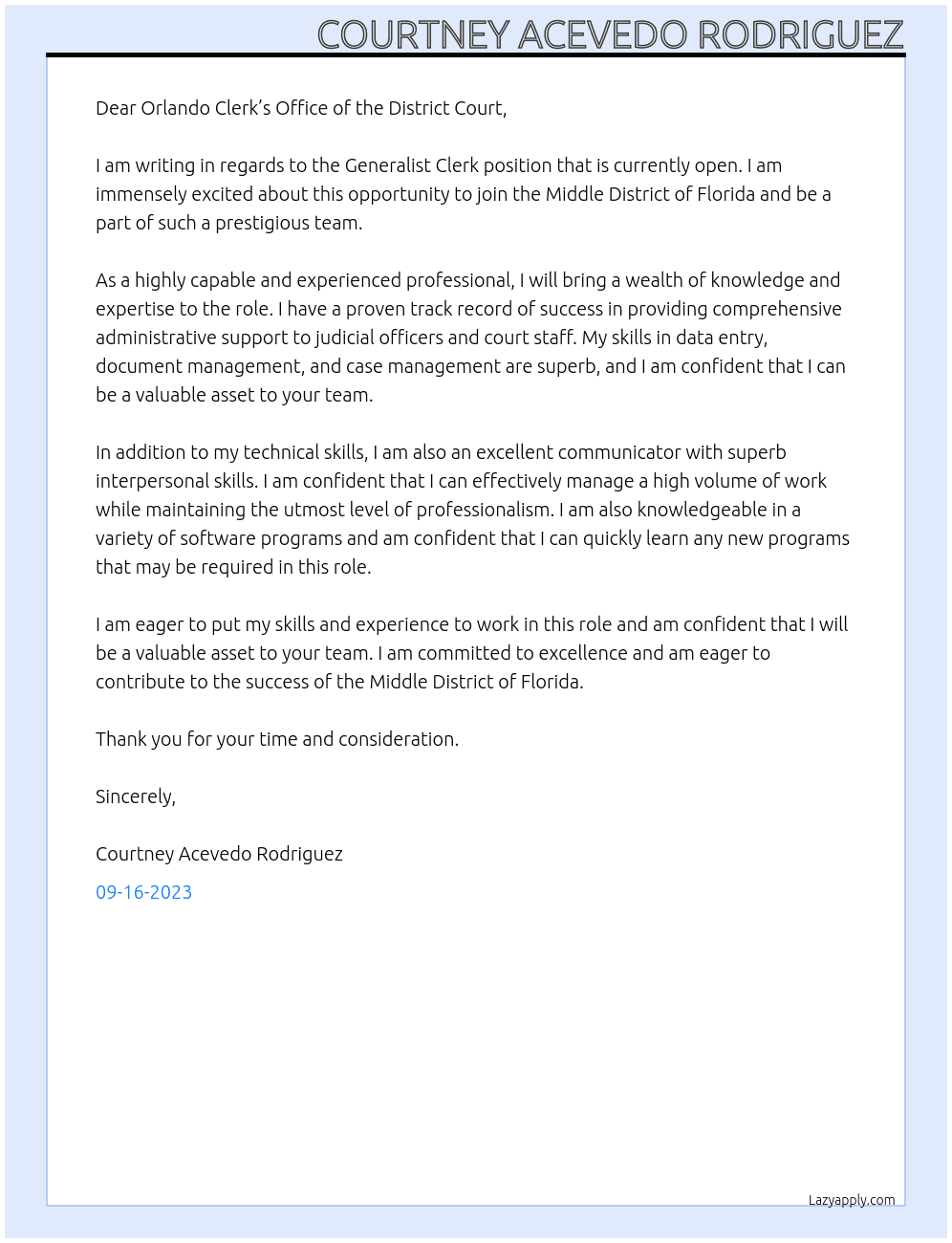 Generalist Clerk At Middle District of Florida Cover Letter