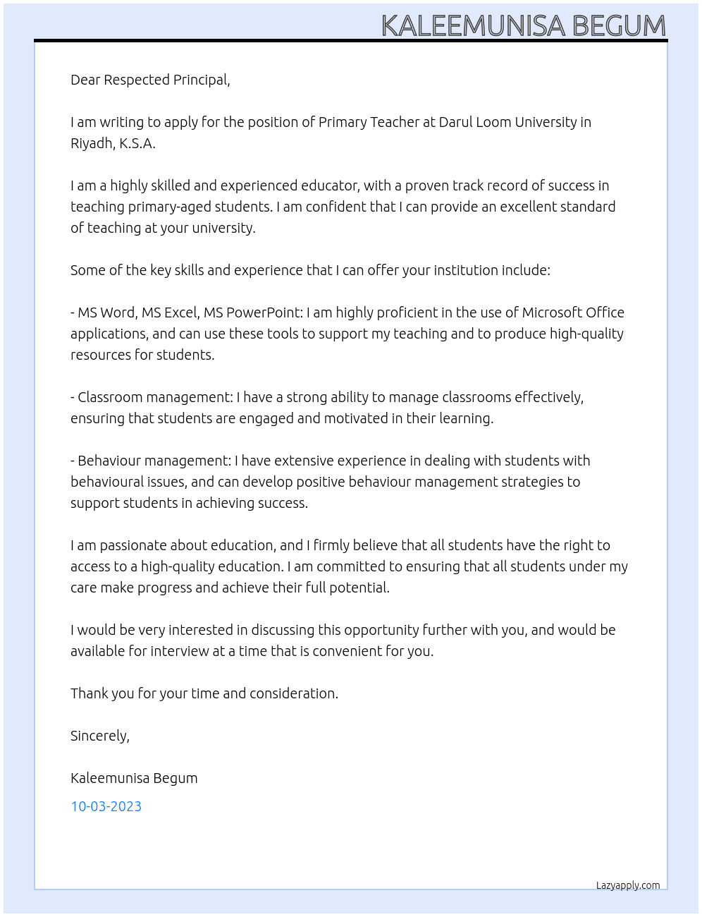 PRIMARY TEACHER At DARUL LOOM UNIVERSITY RIYADH K.S.A Cover Letter