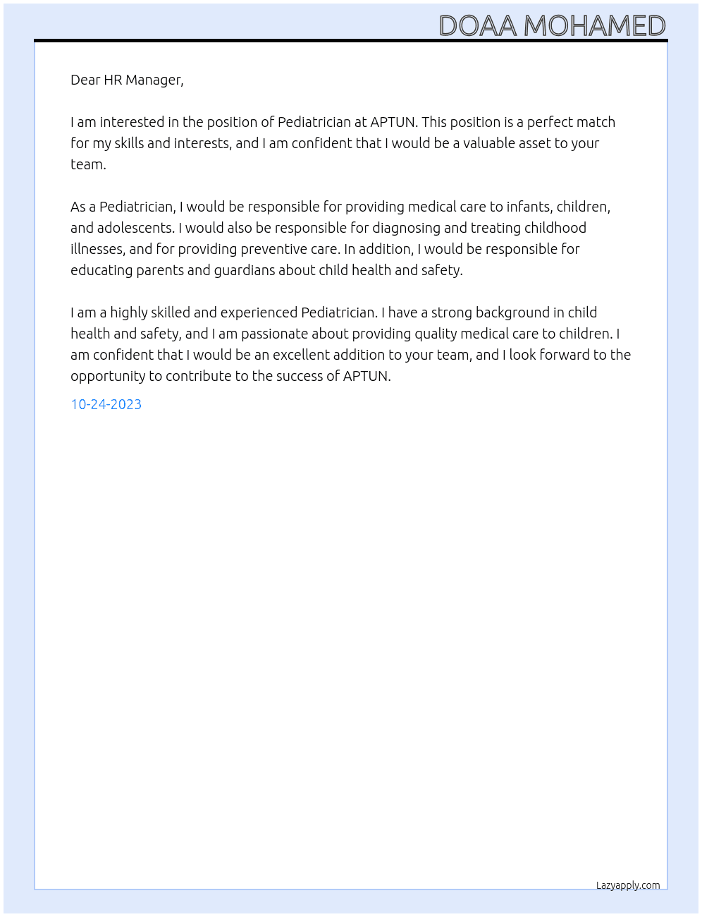 Pediatrician  At APTUN Cover Letter