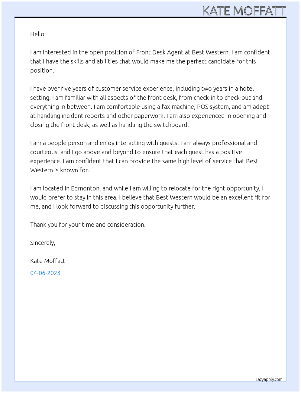 Front desk agent At Best western Cover Letter