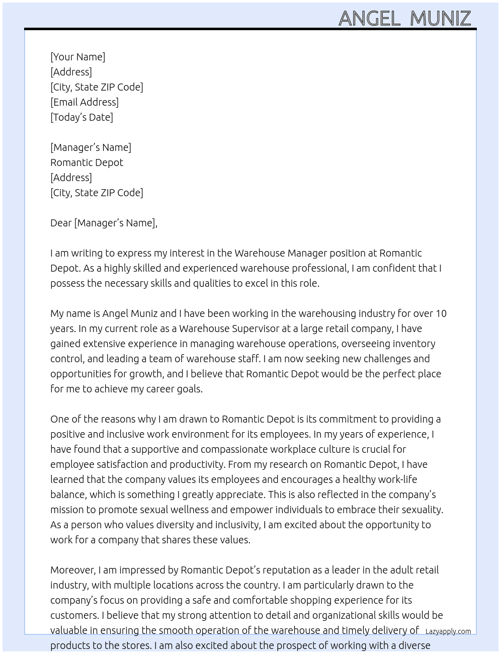 Warehouse manager At Romantic depot  Cover Letter