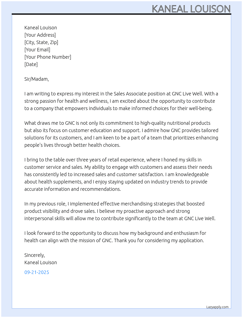 Sales Associate  At GNC live well Cover Letter