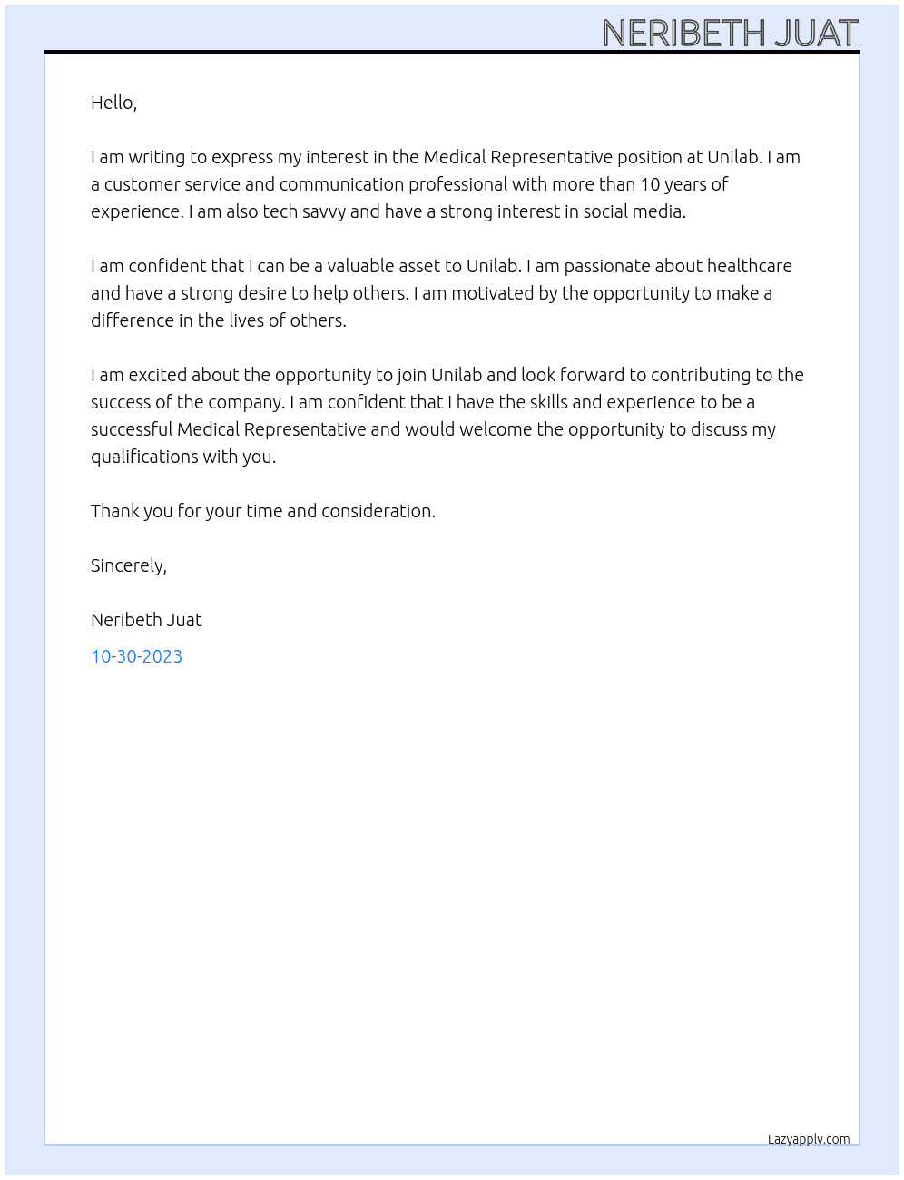Medical Representative At Unilab Cover Letter