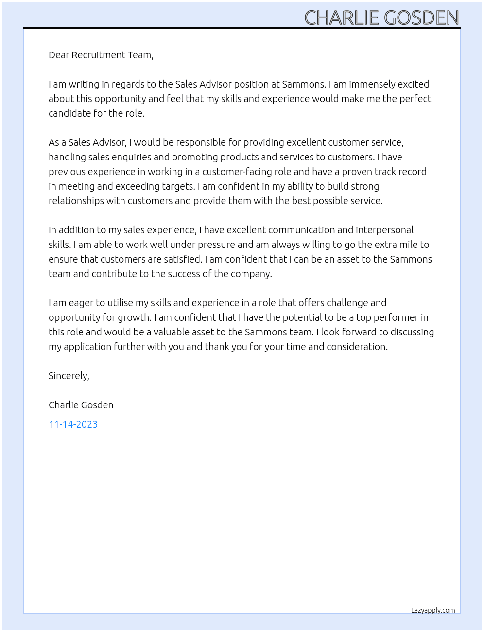 Sales advisor At Sammons Cover Letter