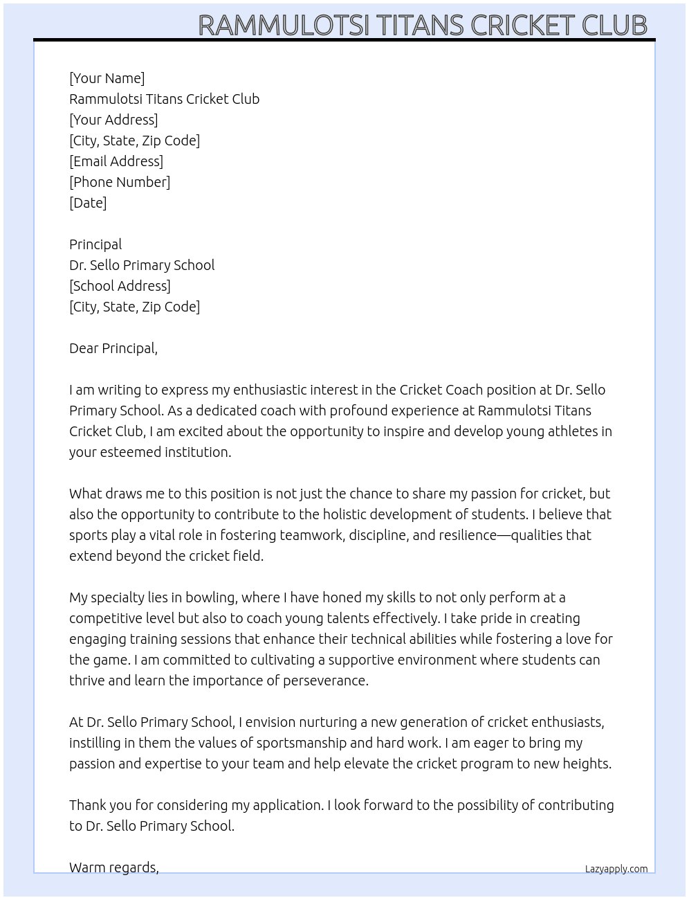 Cricket coach At Dr Sello primary school Cover Letter