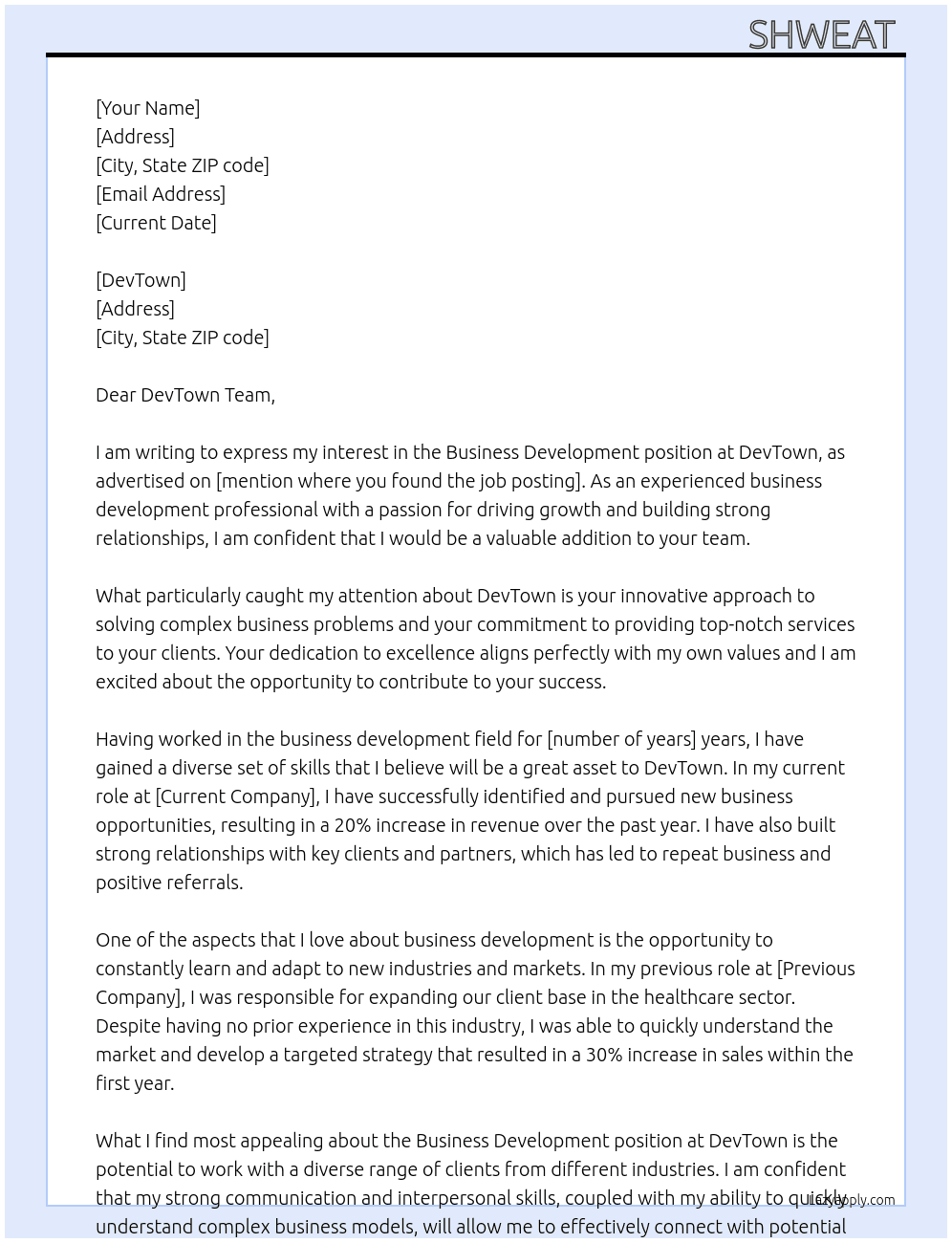 Business development  At Devtown Cover Letter