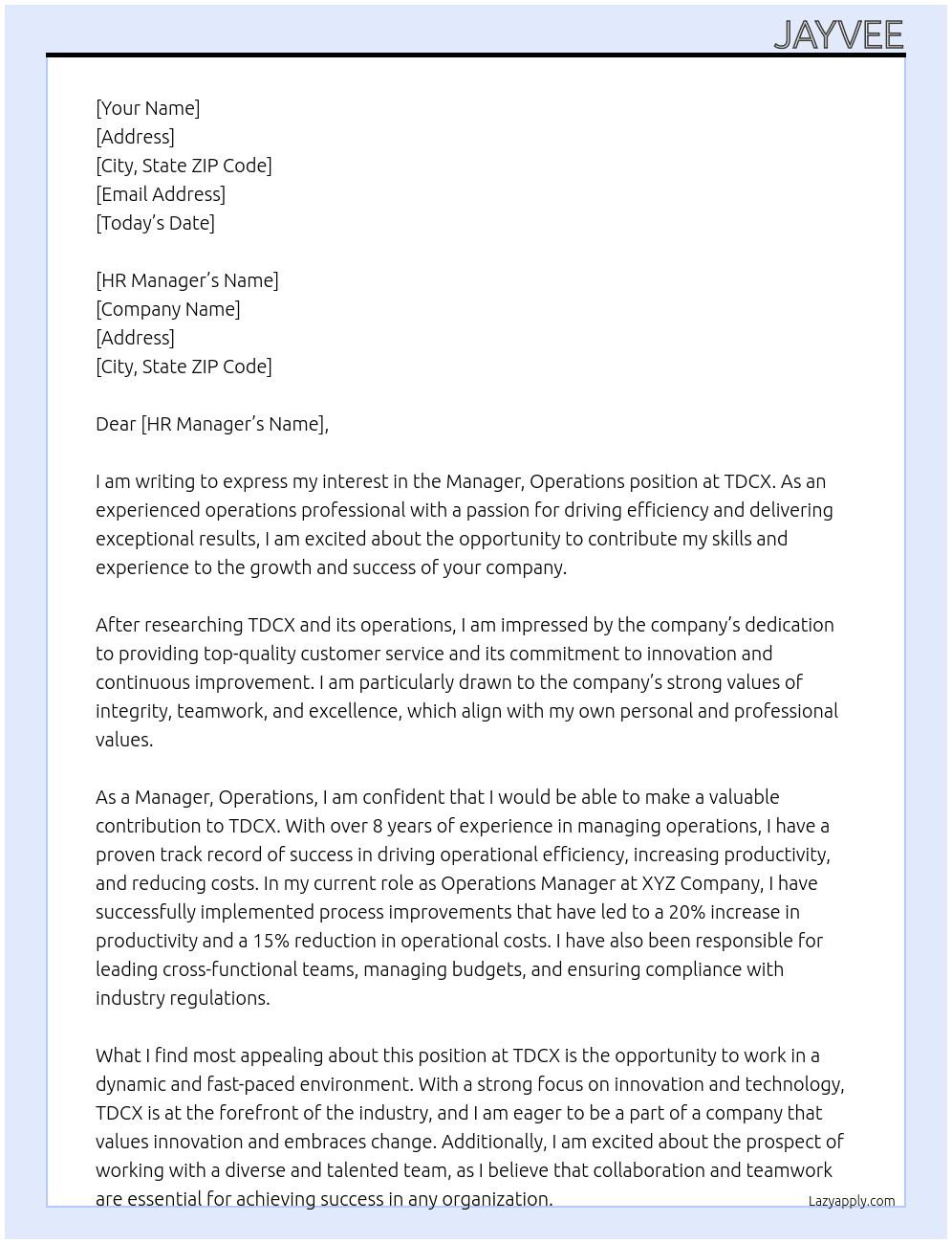 Manager, Operations At TDCX Cover Letter