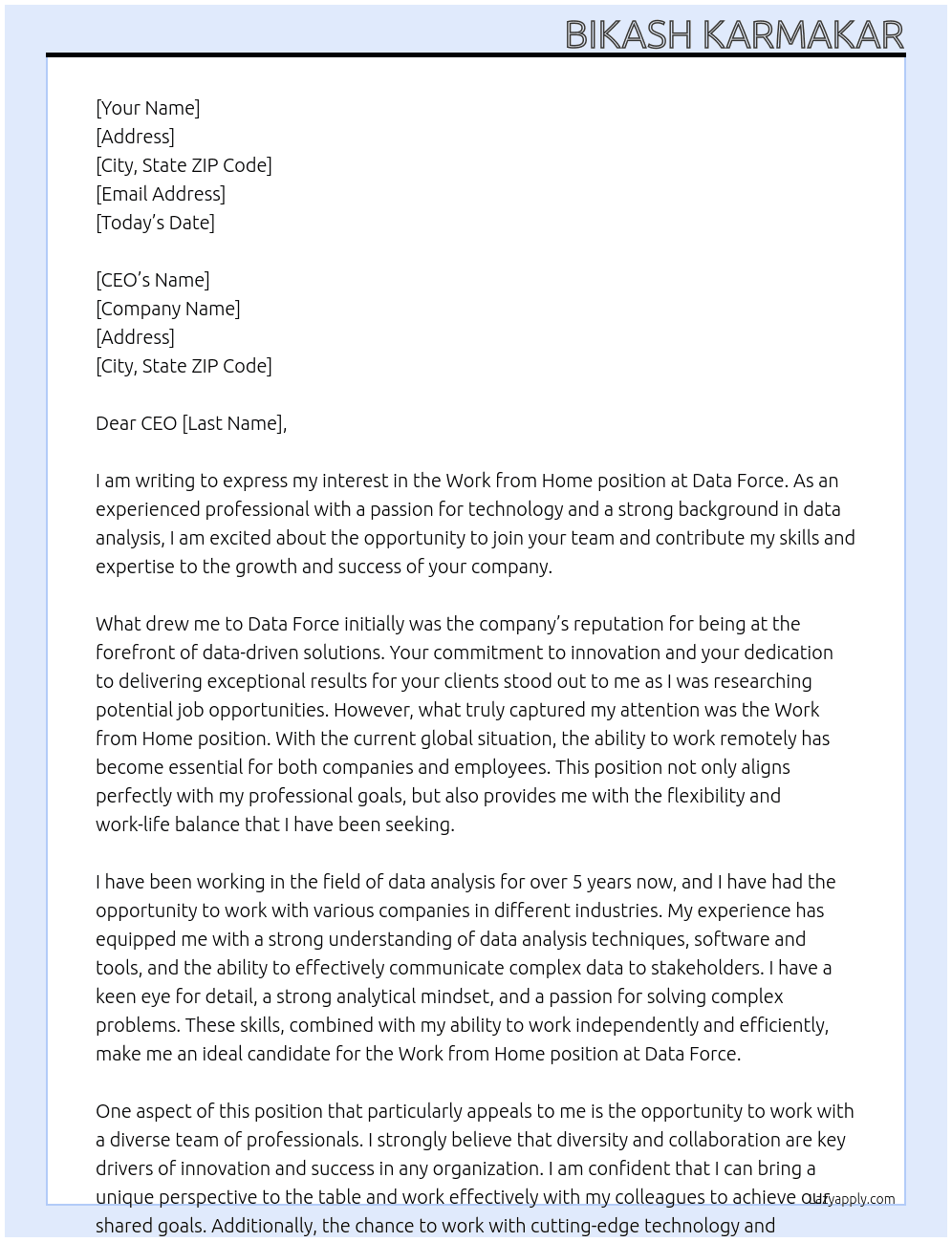 Work from home At Data force Cover Letter