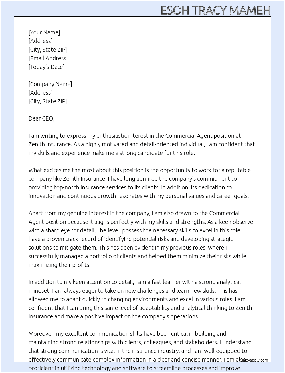 Commercial Agent At Zenith Insurance Cover Letter
