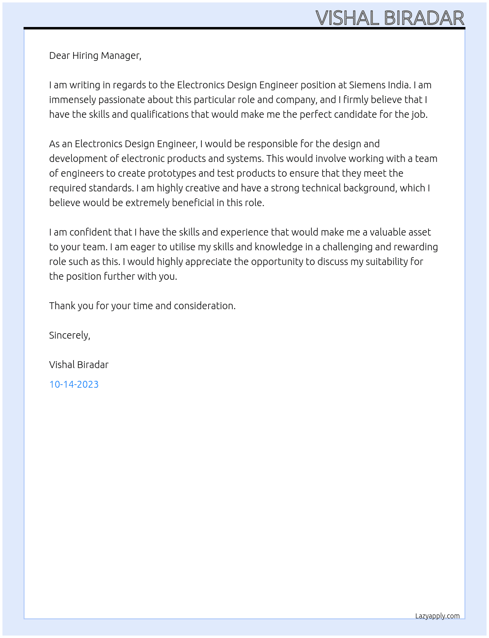 Electronics Design Engineer  At Siemens India  Cover Letter