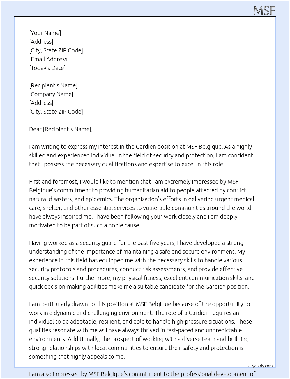gardien At MSF belgique Cover Letter