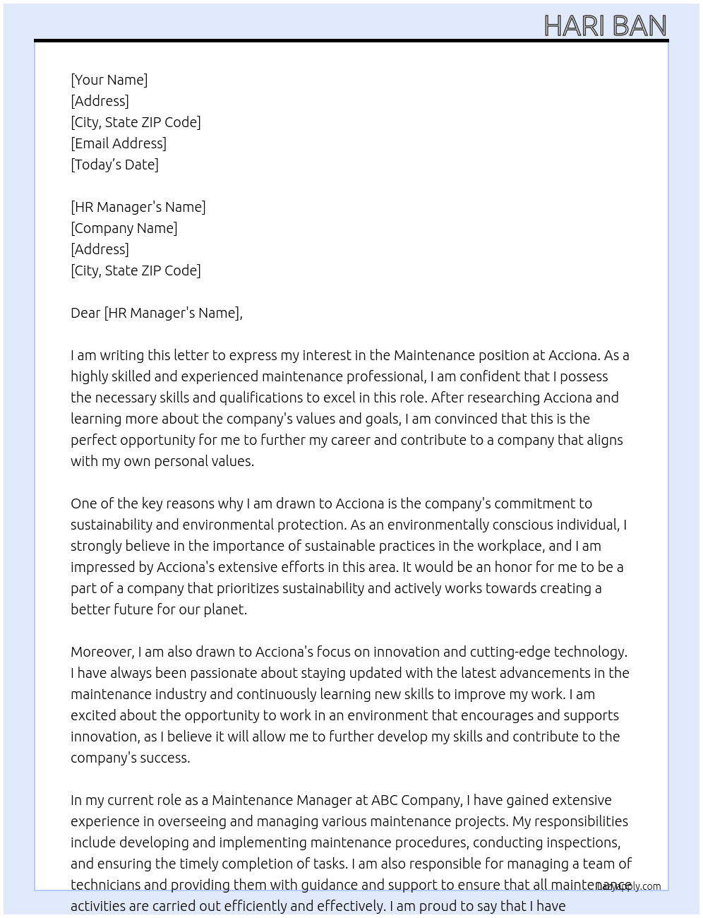 Maintenance At Acciona Cover Letter