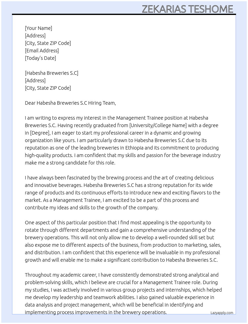 management train At habesha breweries s.c Cover Letter