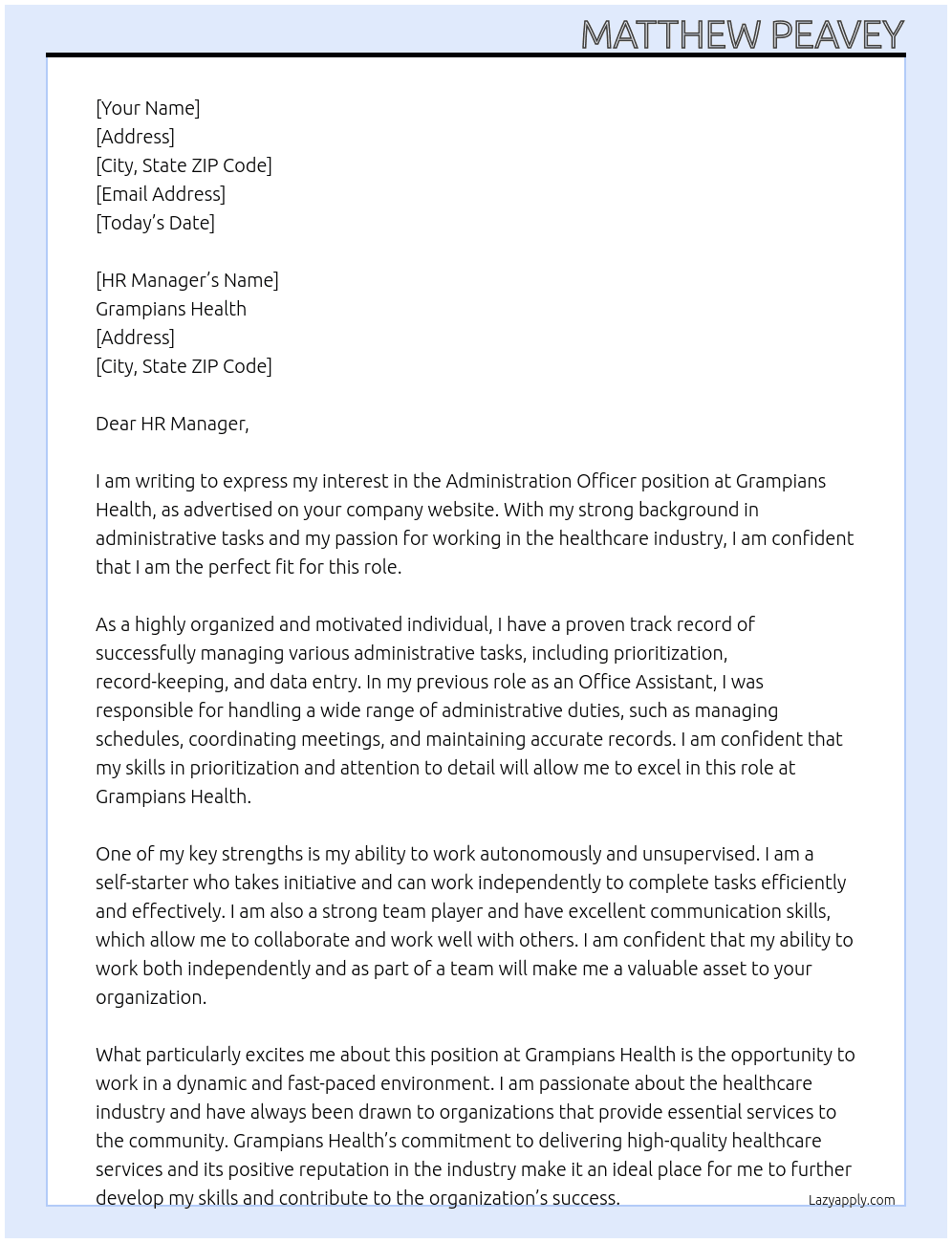Administration officer At Grampians Health Cover Letter