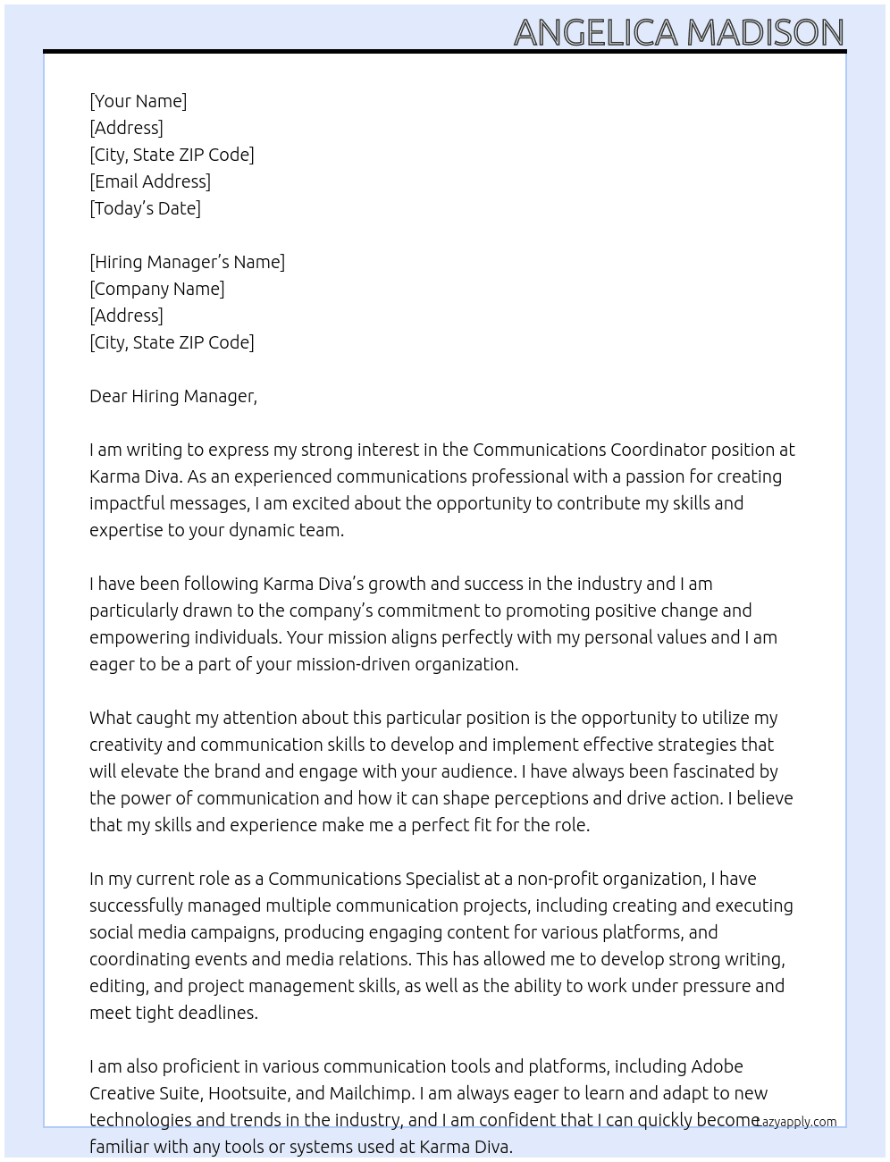 Communications Coordinator At Karma Diva Cover Letter