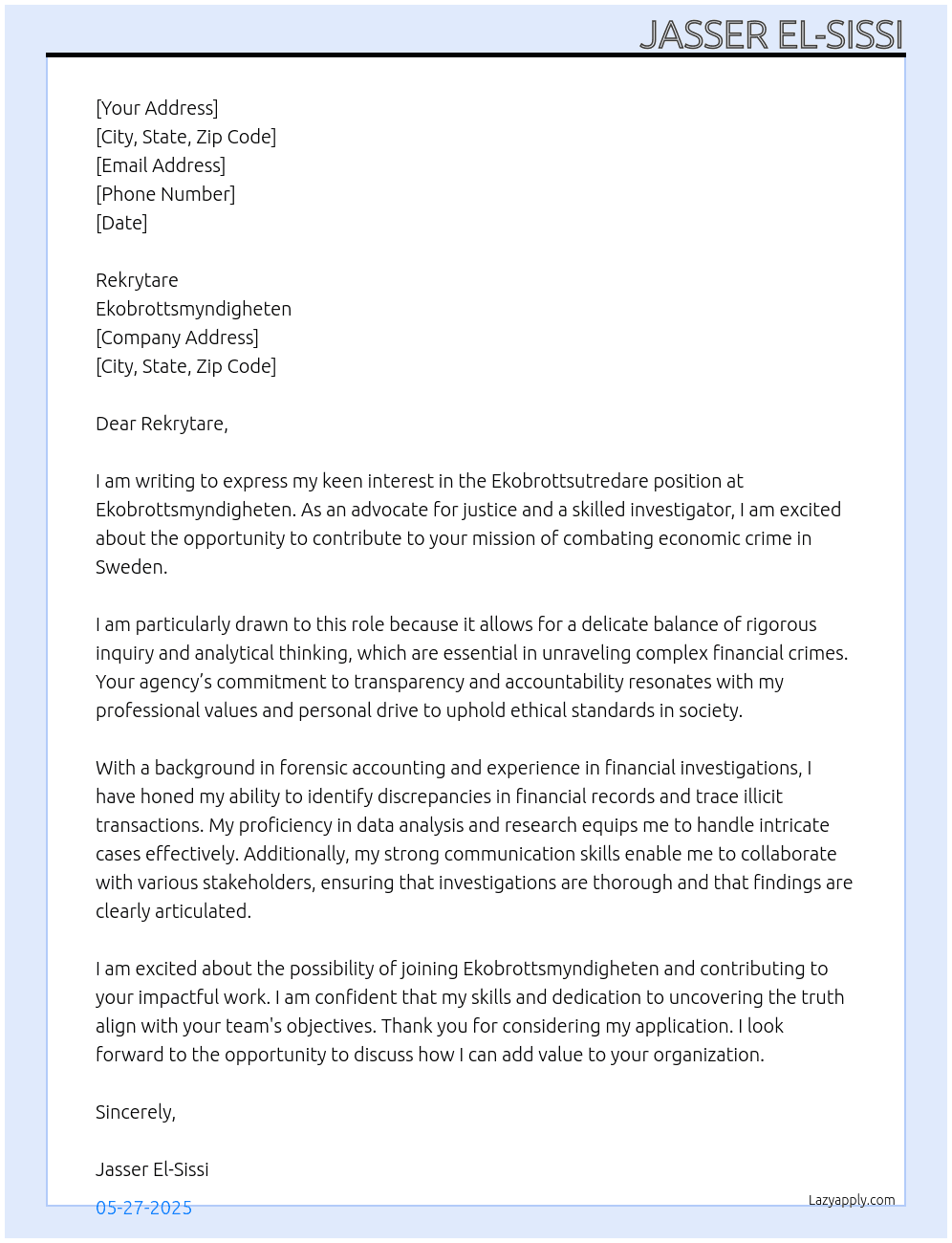 Ekobrottsutredare At Ekobrottsmyndigheten Cover Letter