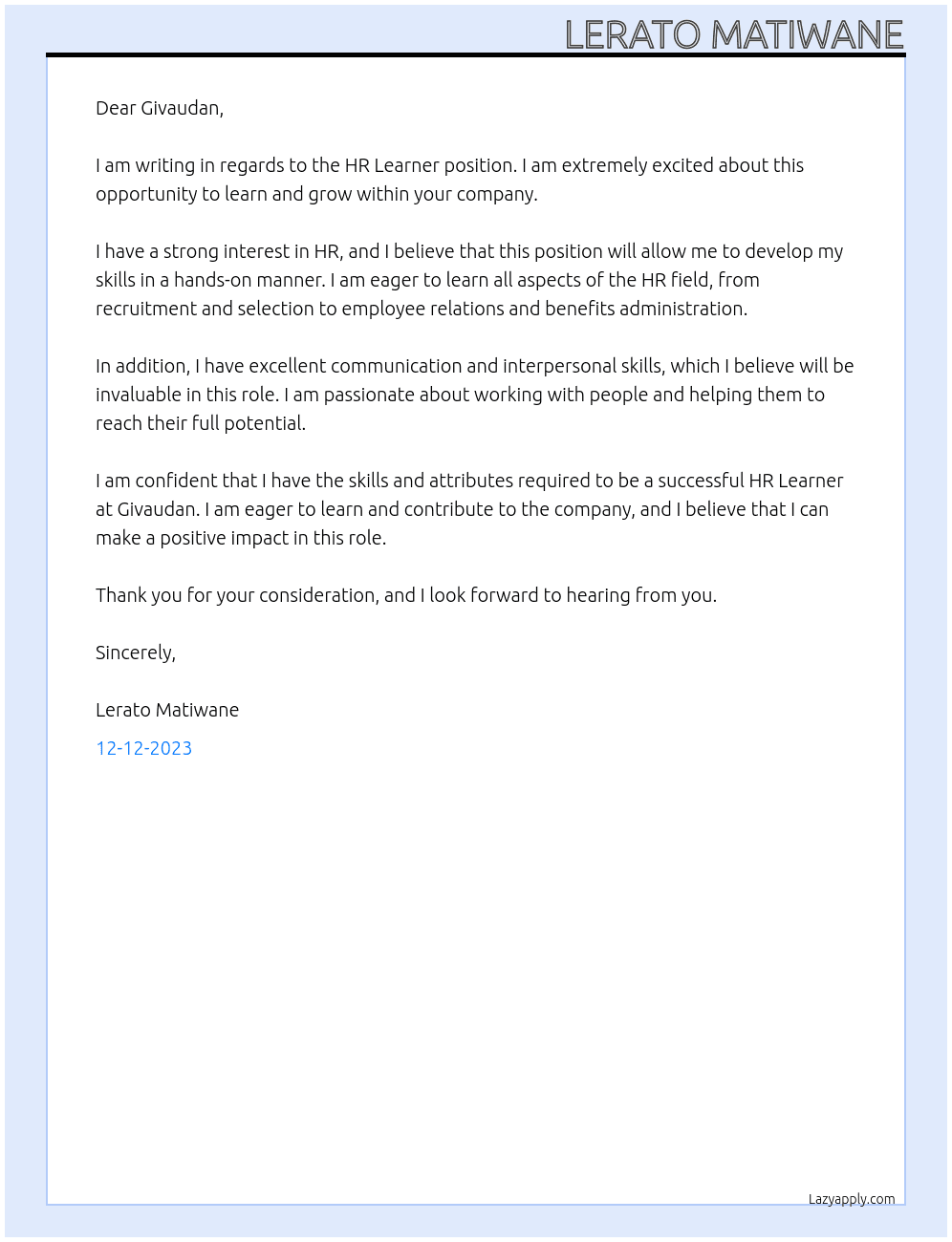 hr learner At Givaudan Cover Letter