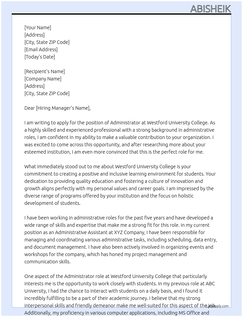 Administrator At Westford University College Cover Letter