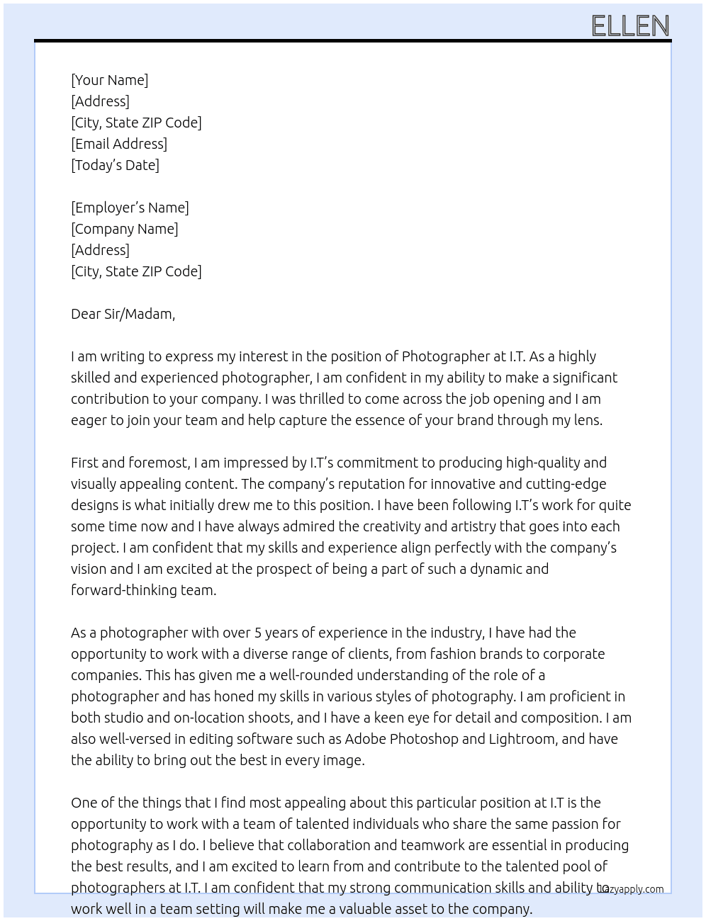 Photographer At I.T Cover Letter