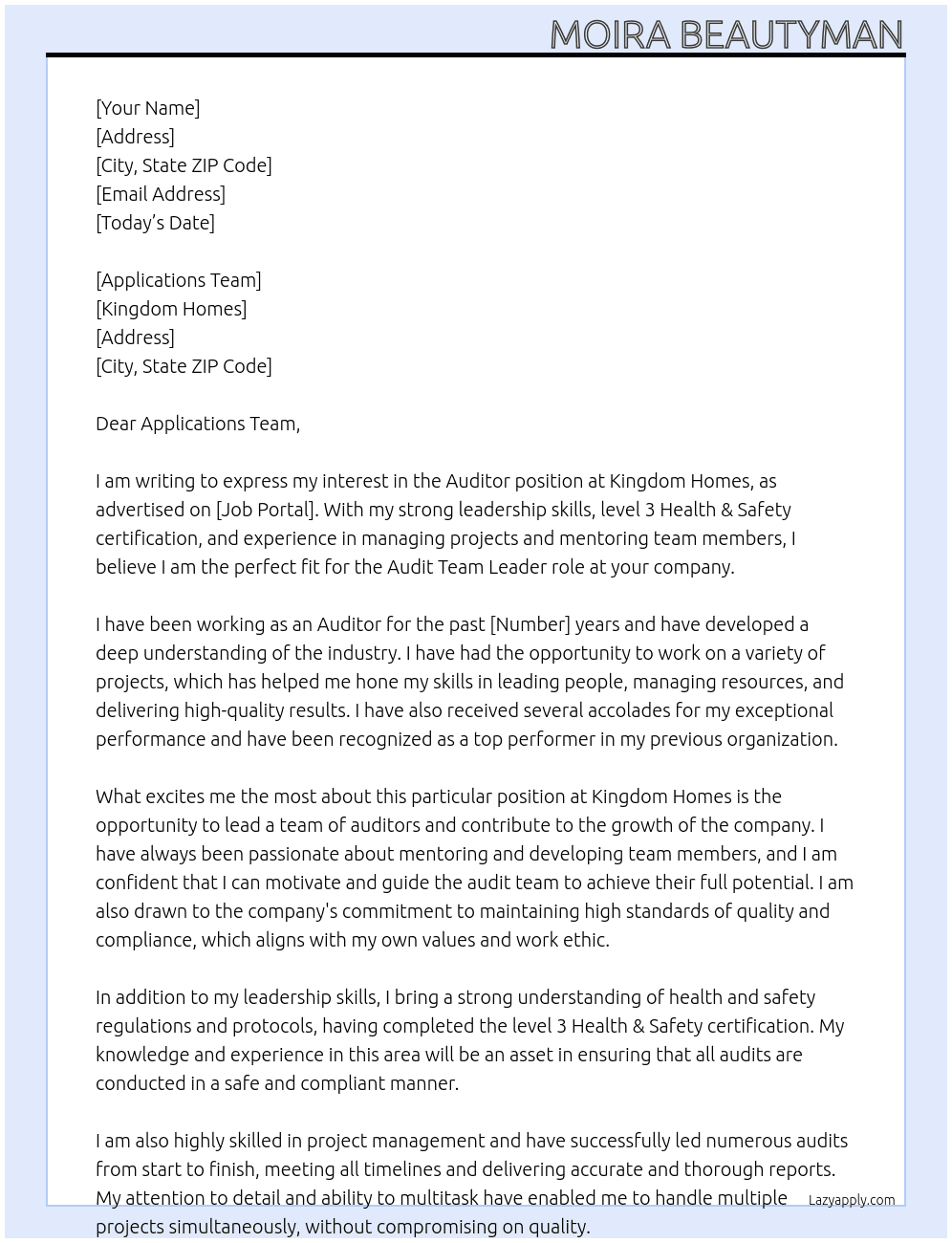 Auditor At Kingdom Homes Cover Letter