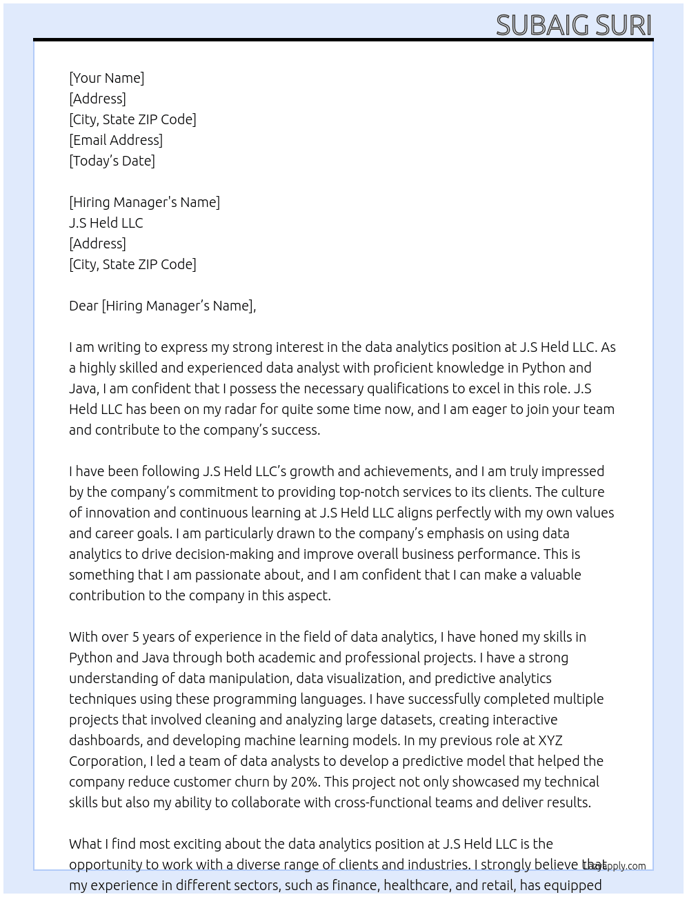 data analytics  At J.S Held LLC Cover Letter