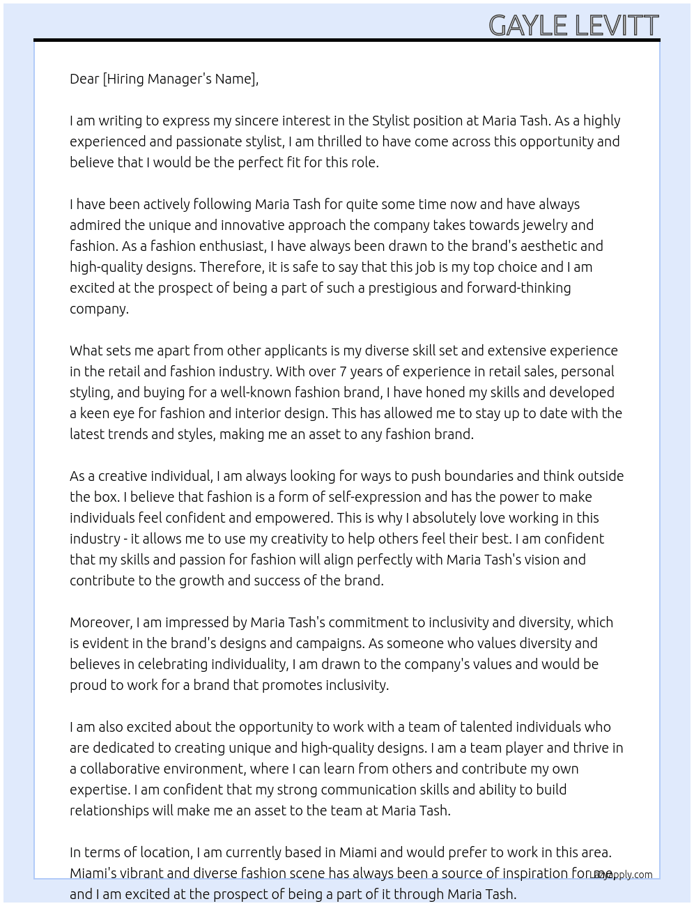 Stylist  At Maria Tash Cover Letter