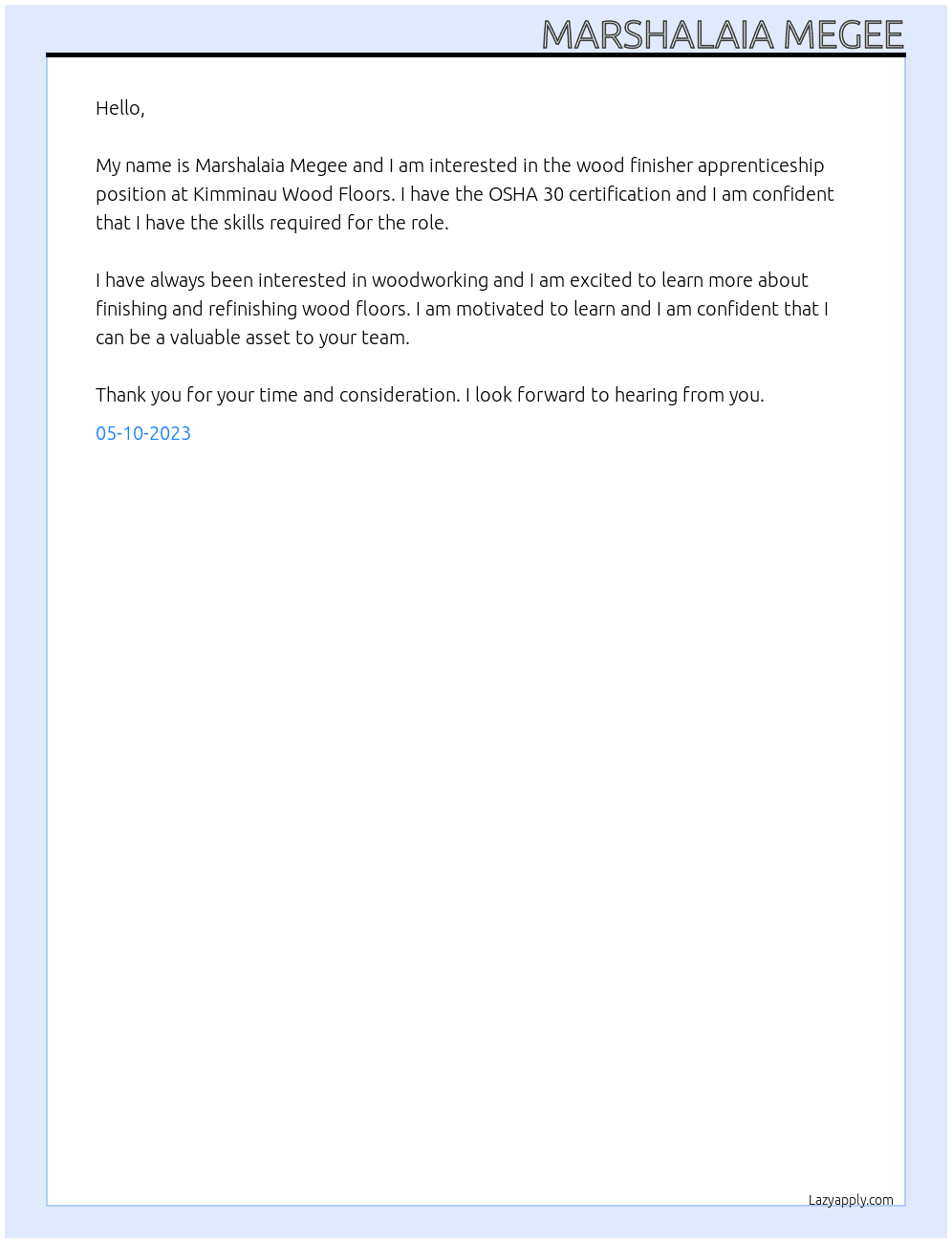 WOOD FINISHER At KIMMINAU WOOD FLOORS Cover Letter