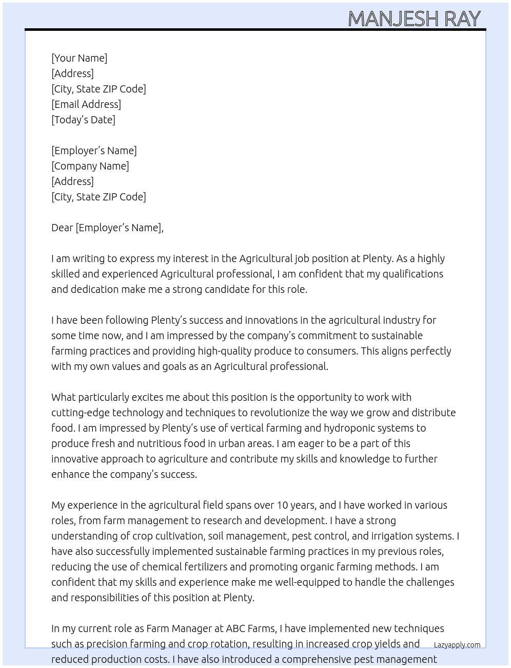 Agricultural jobs  At Plenty  Cover Letter