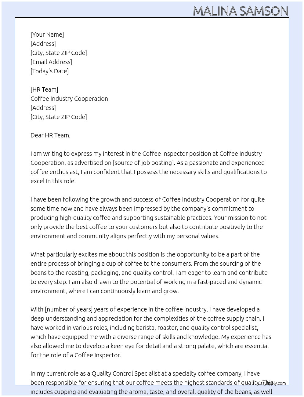Coffee Inspector  At Coffee Industry Cooperation  Cover Letter