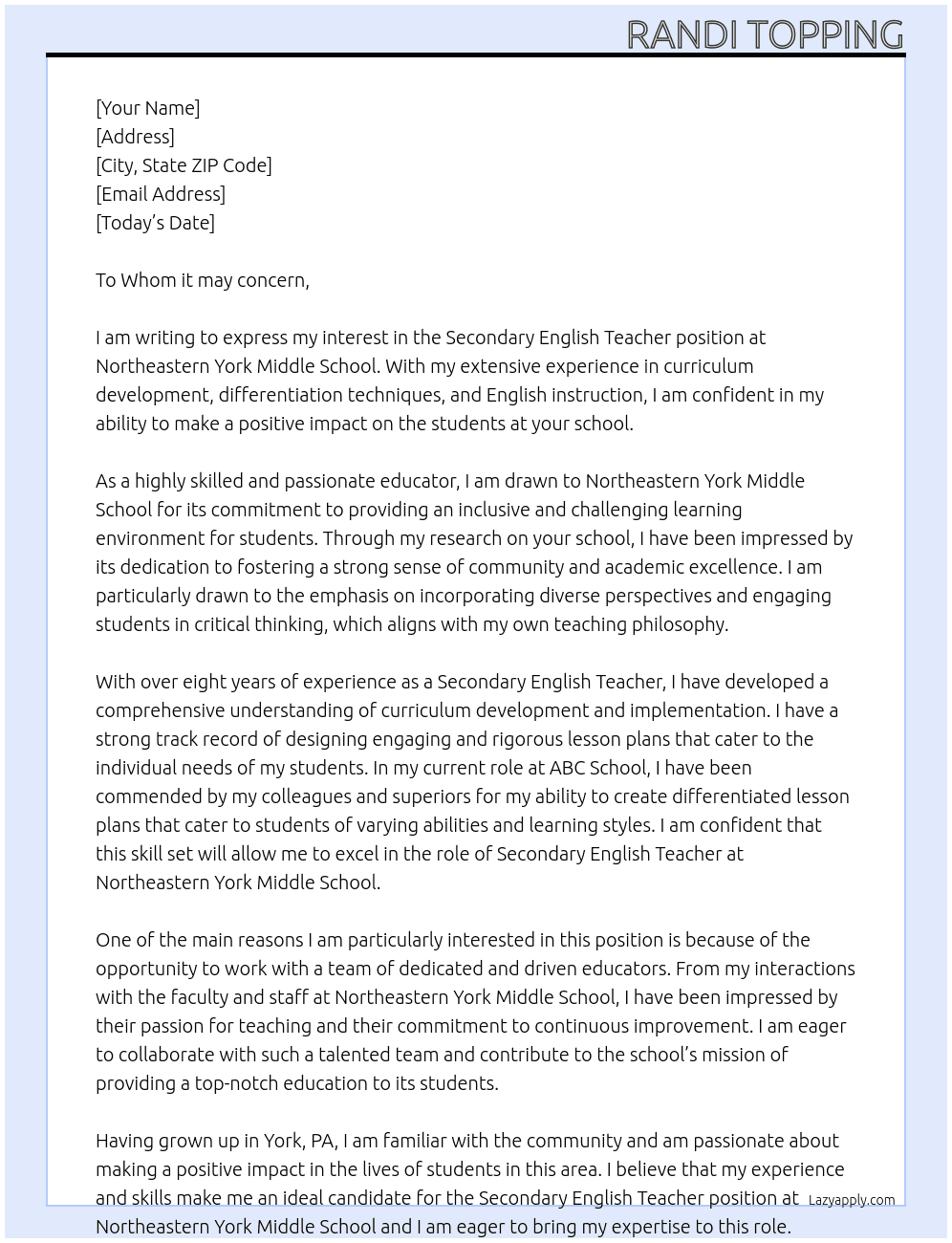 Secondary English Teacher At Northeastern York Middle School  Cover Letter