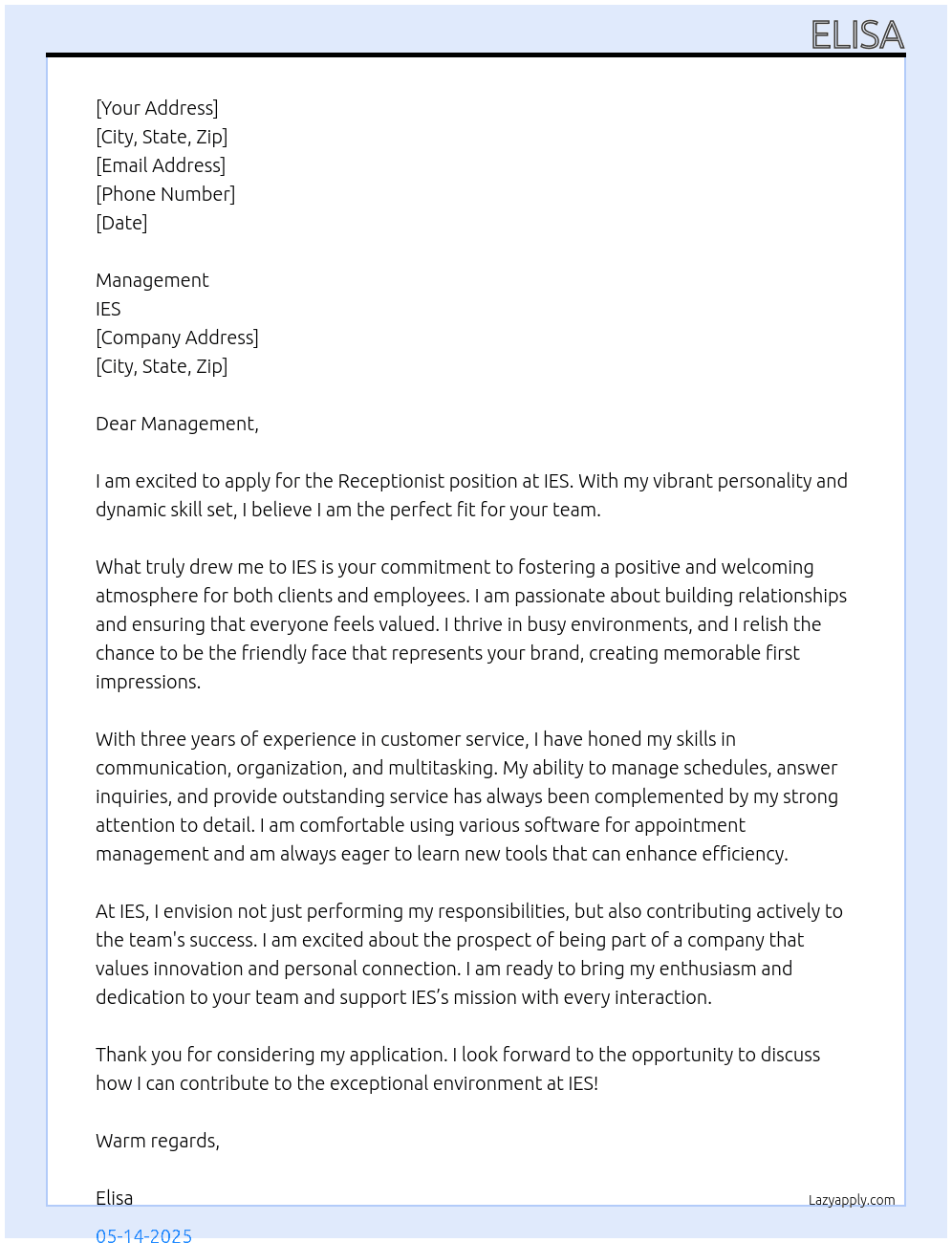 Receptionist At IES Cover Letter