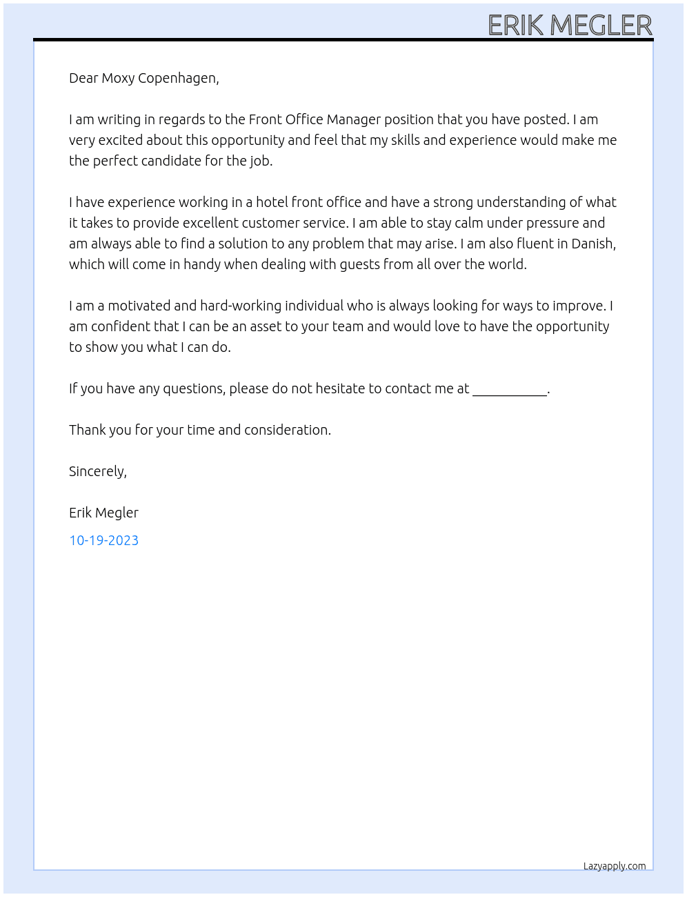 Front Office Manager At Moxy Copenhagen Cover Letter