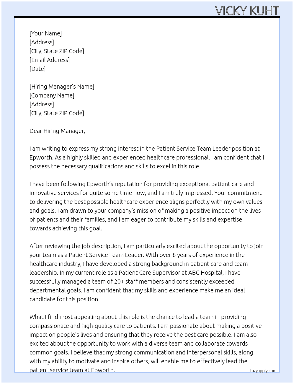 Patient service team leader At Epworth  Cover Letter