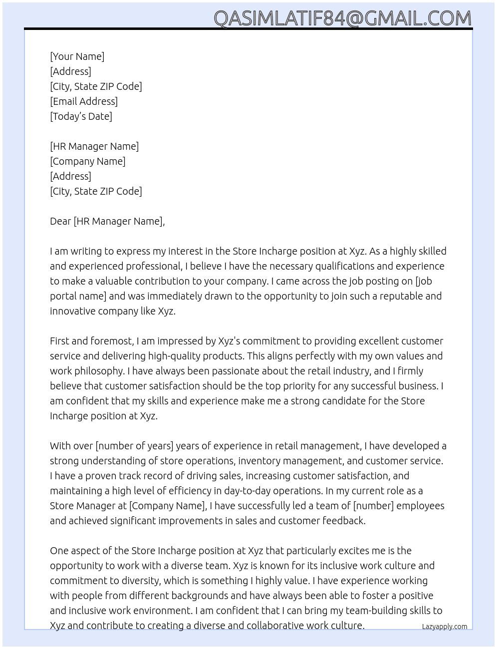 Store incharge  At Xyz Cover Letter