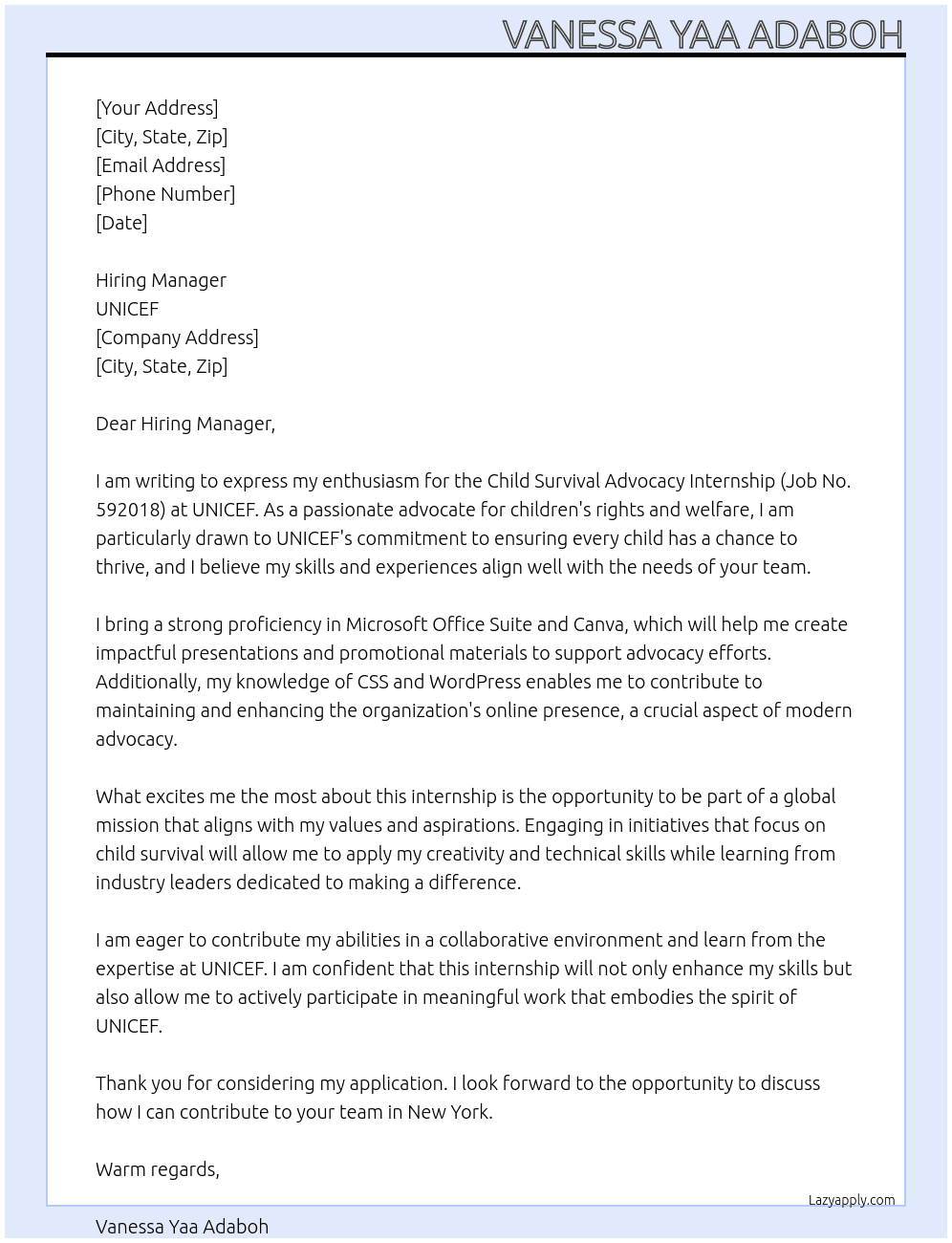 2 CHILD SURVIVAL ADVOCACY INTERNSHIP - JOB NO. 592018 At UNICEF Cover Letter