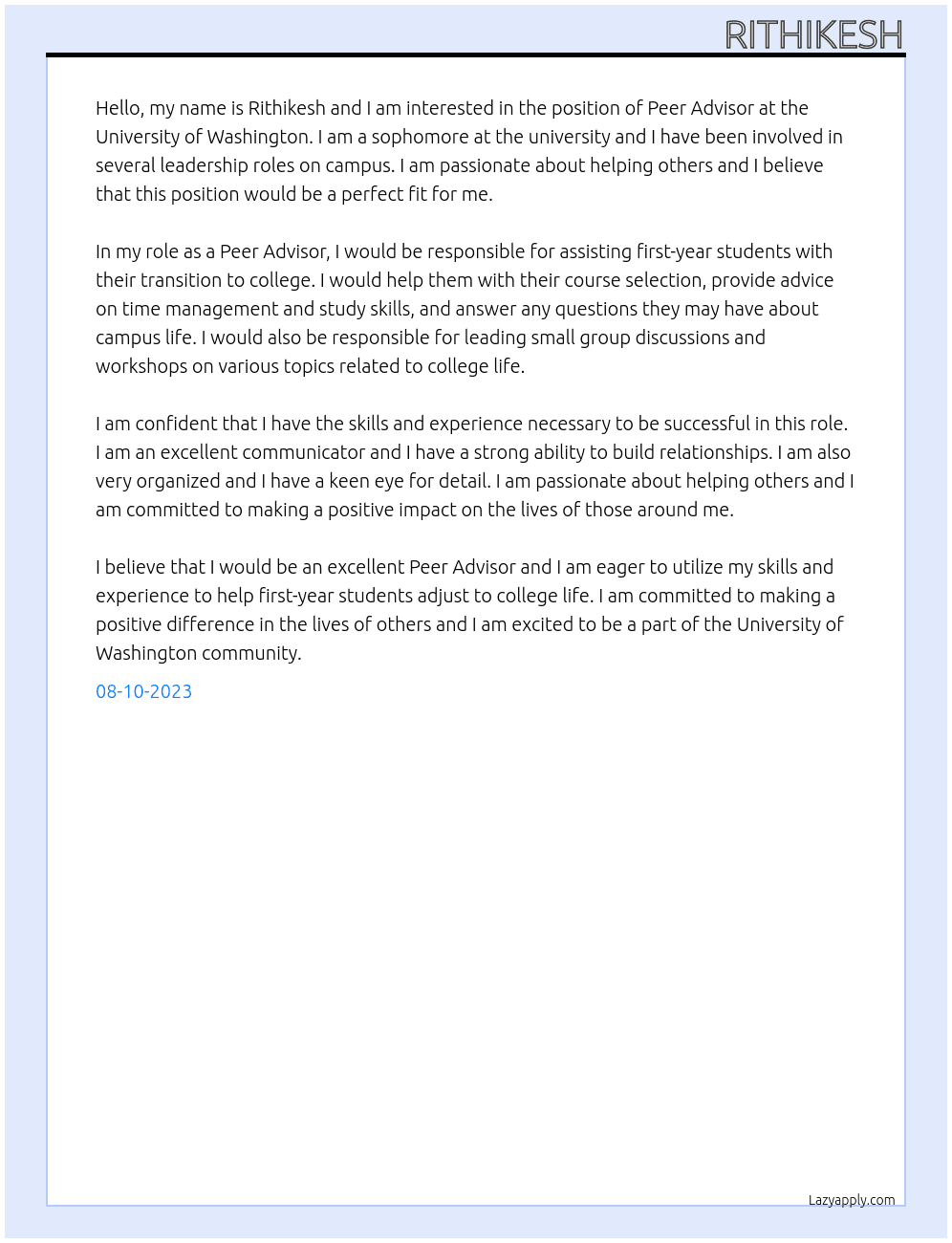 Peer Advisor  At University of Washington  Cover Letter
