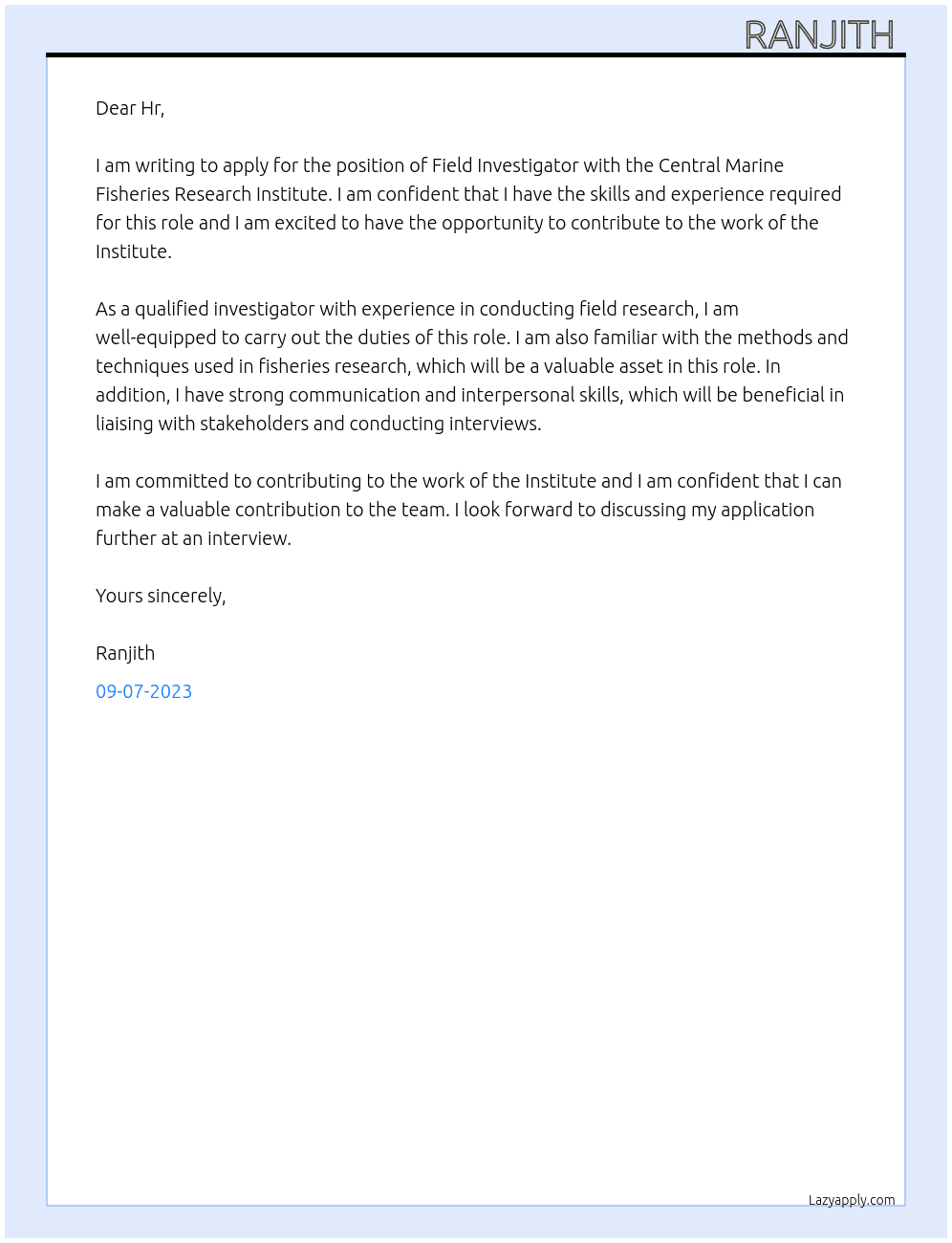 Field investigatior  At Central Marine fisheries research institute  Cover Letter