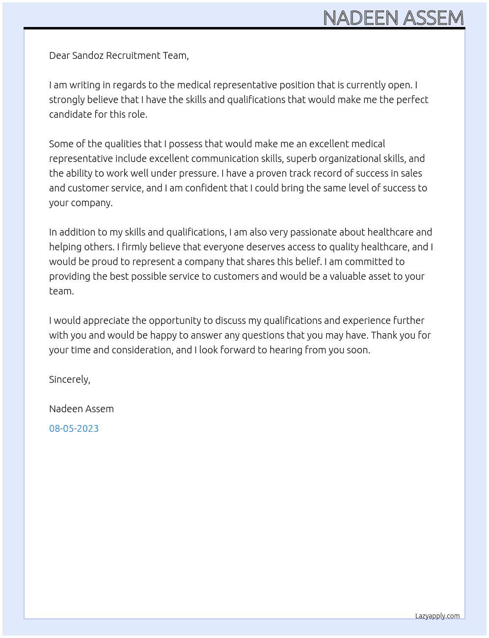 Medical representative  At Sandoz Cover Letter