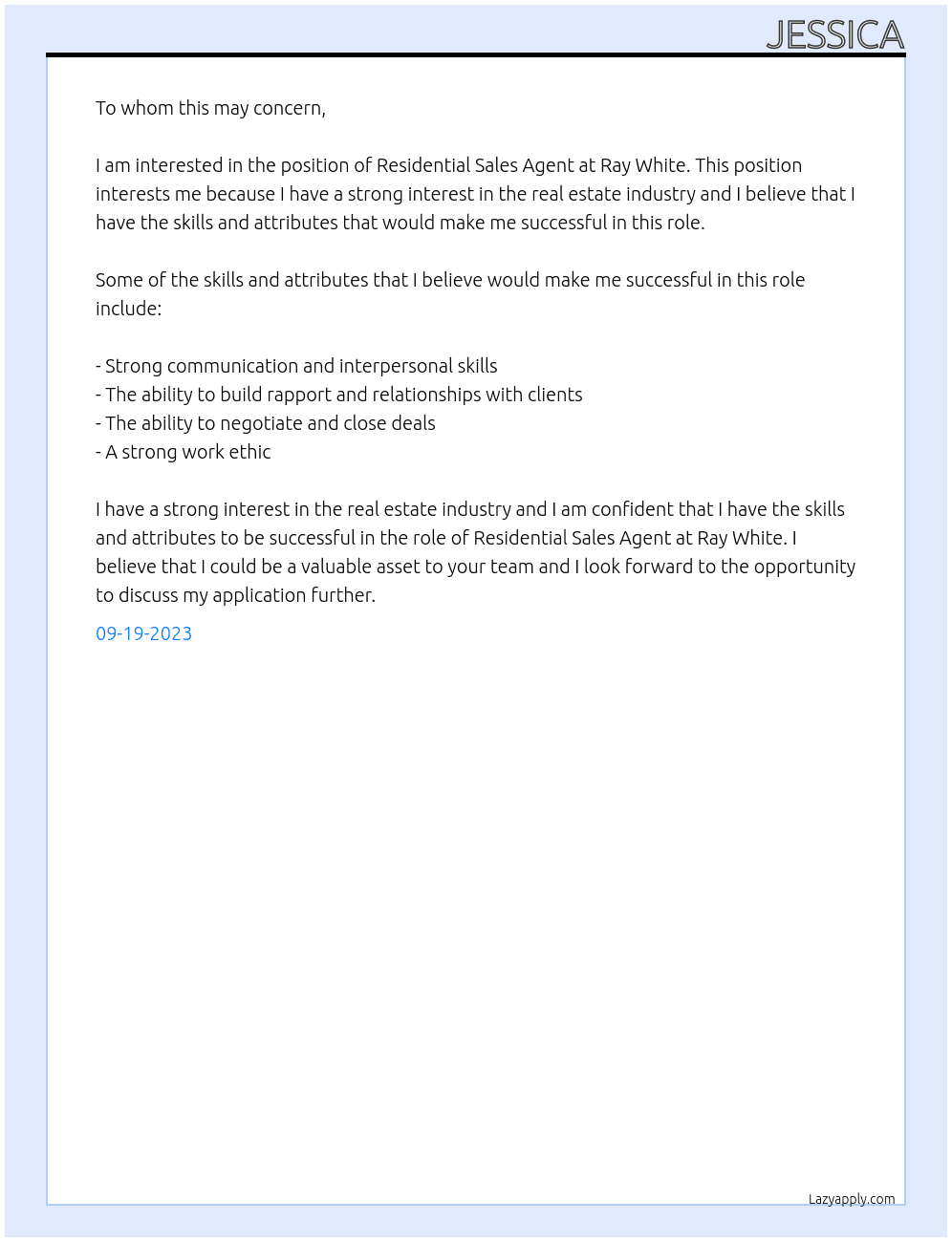 Residential Sales Agent At Ray White Cover Letter
