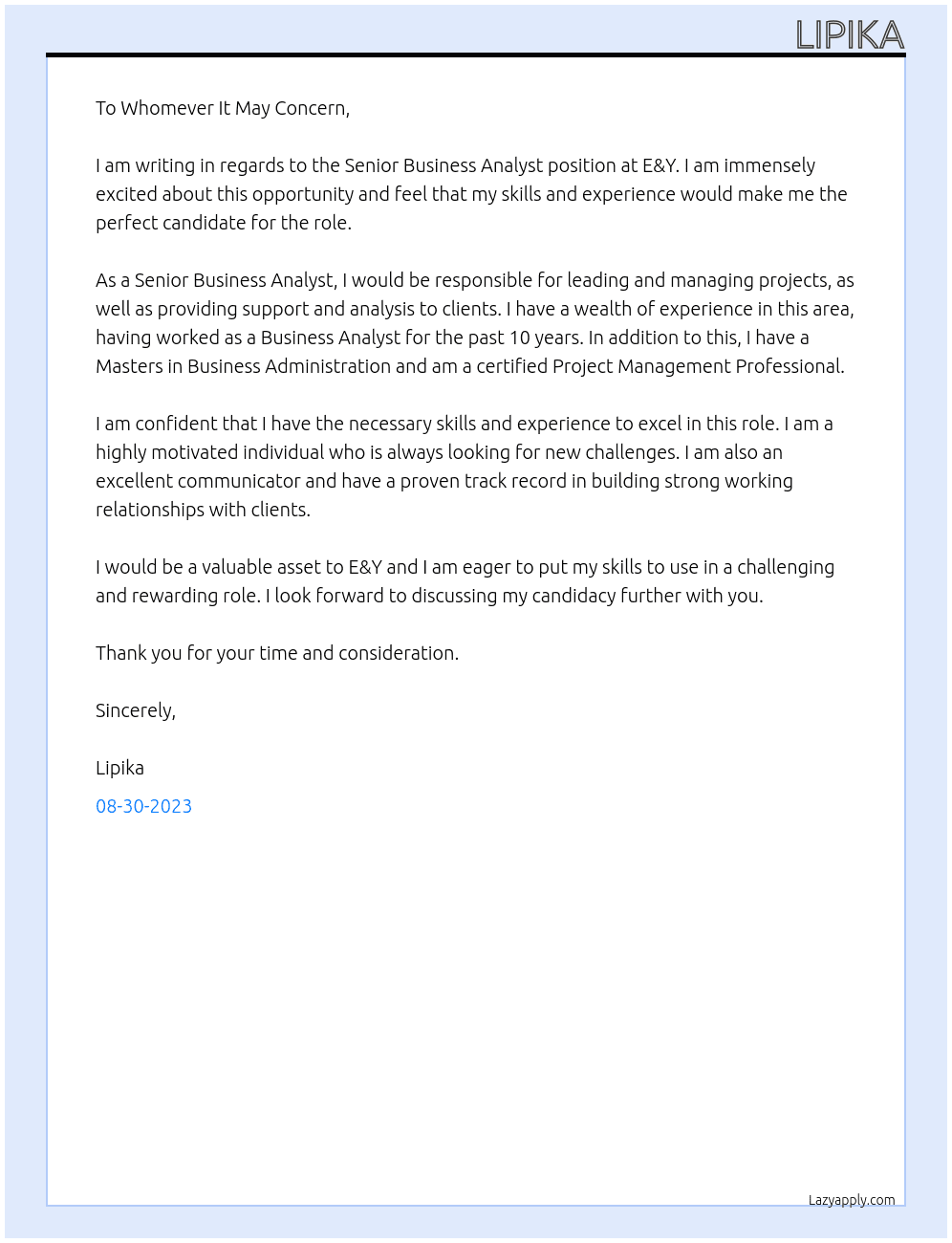 Senior business analyst At E&Y Cover Letter