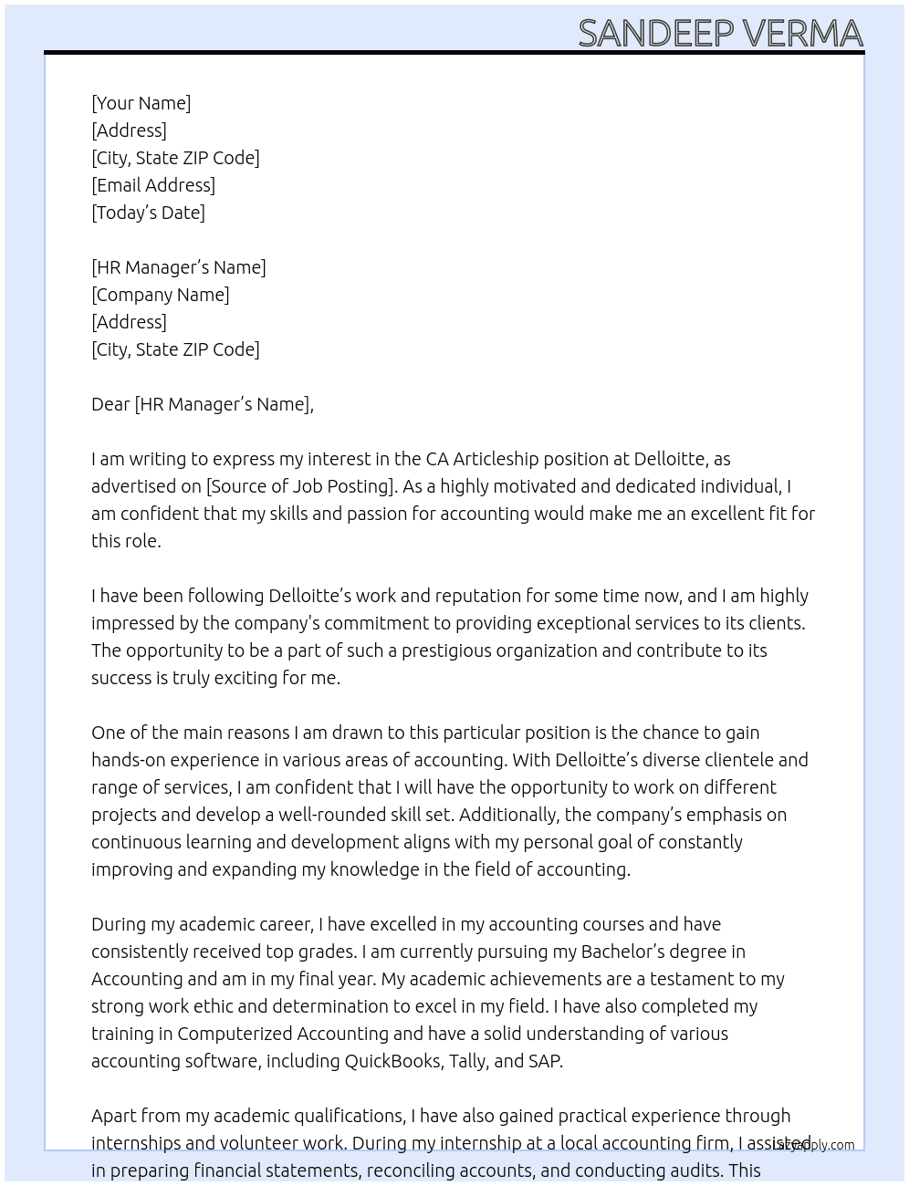 CA Articleship At Delloitte Cover Letter